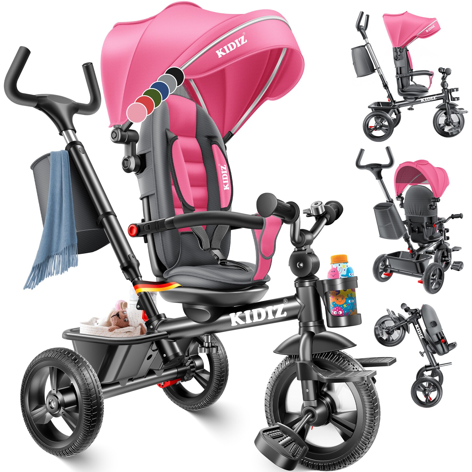KIDIZ® Dreirad 5in1 Kinderdreirad mit Schubstange Lenksystem Stange ab 1 Jahr vorwärts und Rückwärtsfahrt Jogger , Korb Tasche Getränkehalter Sonnendach Gummiräder, Buggy Fahrrad Baby Klappbar