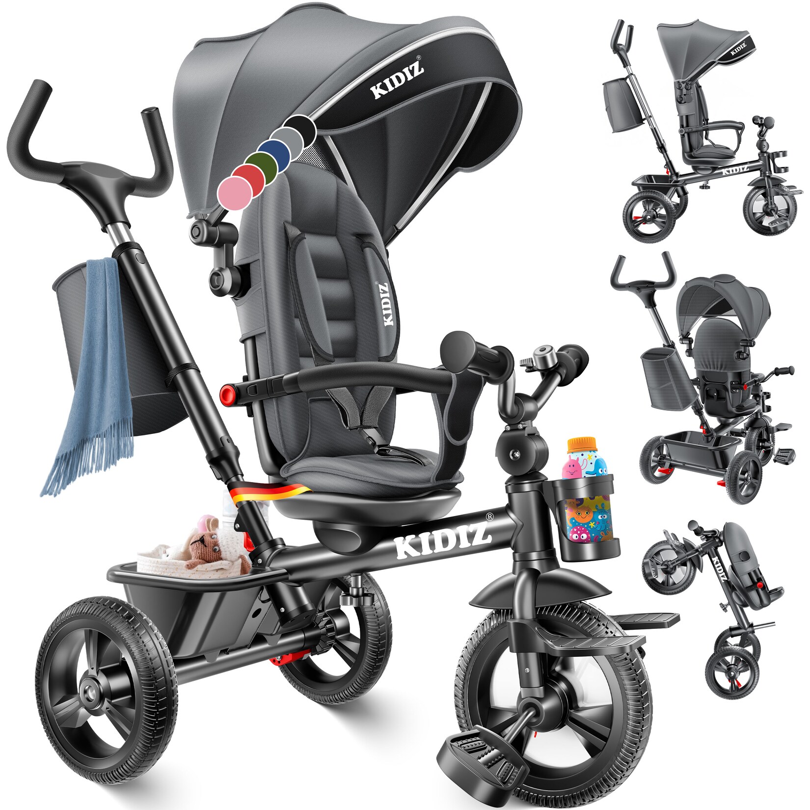 KIDIZ® Dreirad 5in1 Kinderdreirad mit Schubstange Lenksystem Stange ab 1 Jahr vorwärts und Rückwärtsfahrt Jogger , Korb Tasche Getränkehalter Sonnendach Gummiräder, Buggy Fahrrad Baby Klappbar