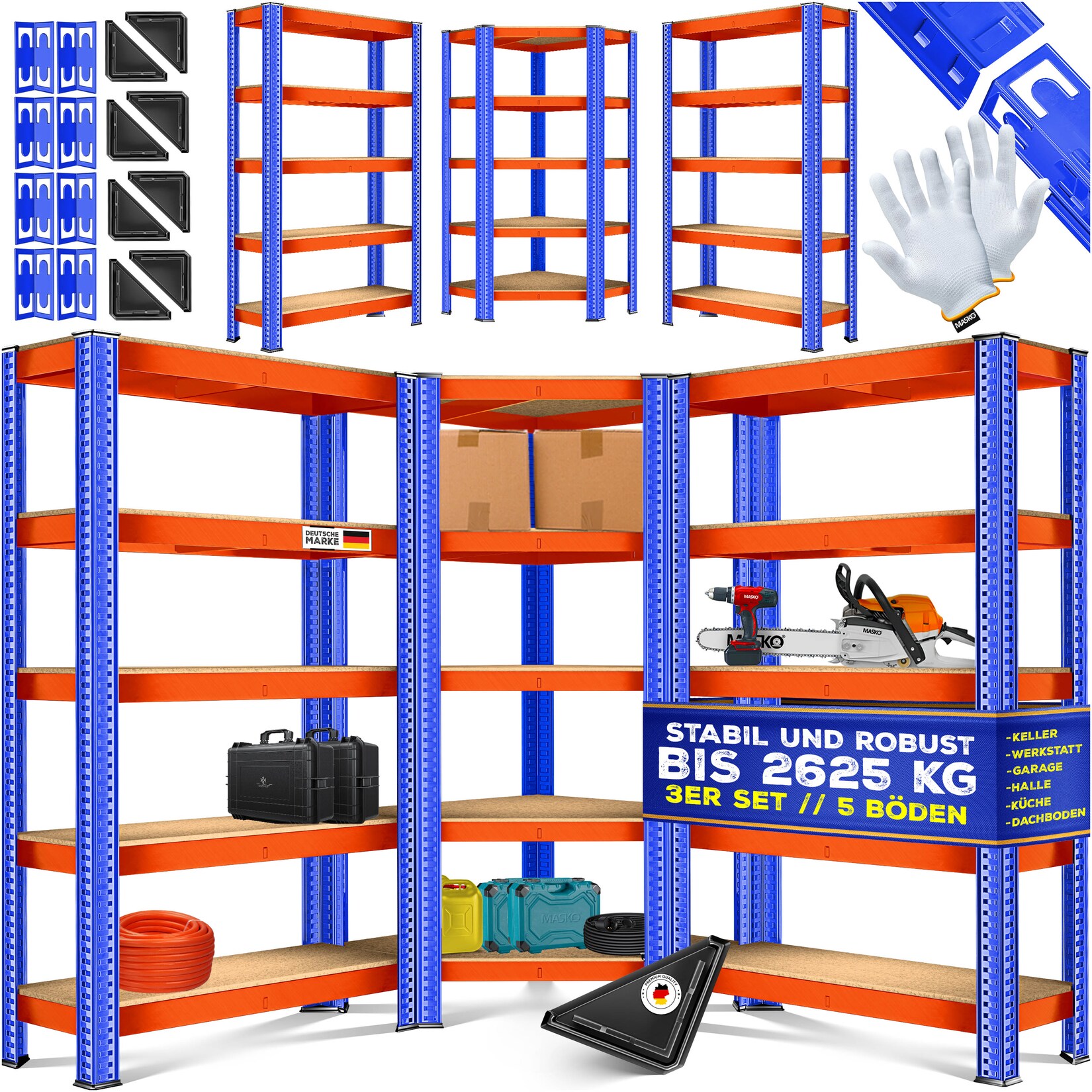 MASKO® 3er Set Metall Regalsystem Lagerregal 1 Eckregal & 2 Lagerregale 15 Böden MDF-Platten Regal 2625 kg Werkstattregal Kellerrregal Garage Schwerlastregal Steckregal MDF-Platten