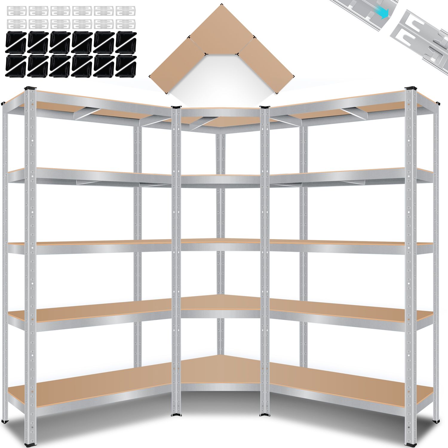 MASKO&reg; 3er Set Metall Regalsystem Lagerregal 1 Eckregal & 2 Lagerregale 15 B&ouml;den MDF-Platten Regal 2625 kg Werkstattregal Kellerrregal Garage Schwerlastregal Steckregal MDF-Platten - Bild 1