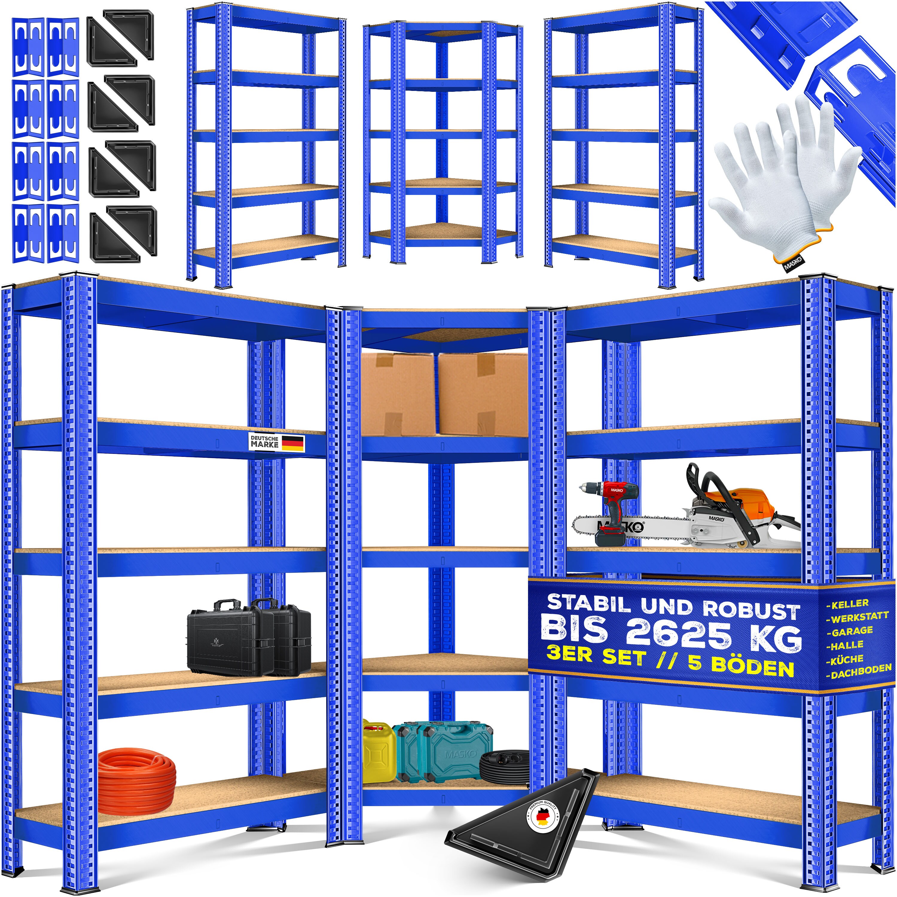MASKO&reg; 3er Set Metall Regalsystem Lagerregal 1 Eckregal & 2 Lagerregale 15 B&ouml;den MDF-Platten Regal 2625 kg Werkstattregal Kellerrregal Garage Schwerlastregal Steckregal MDF-Platten - Bild 1