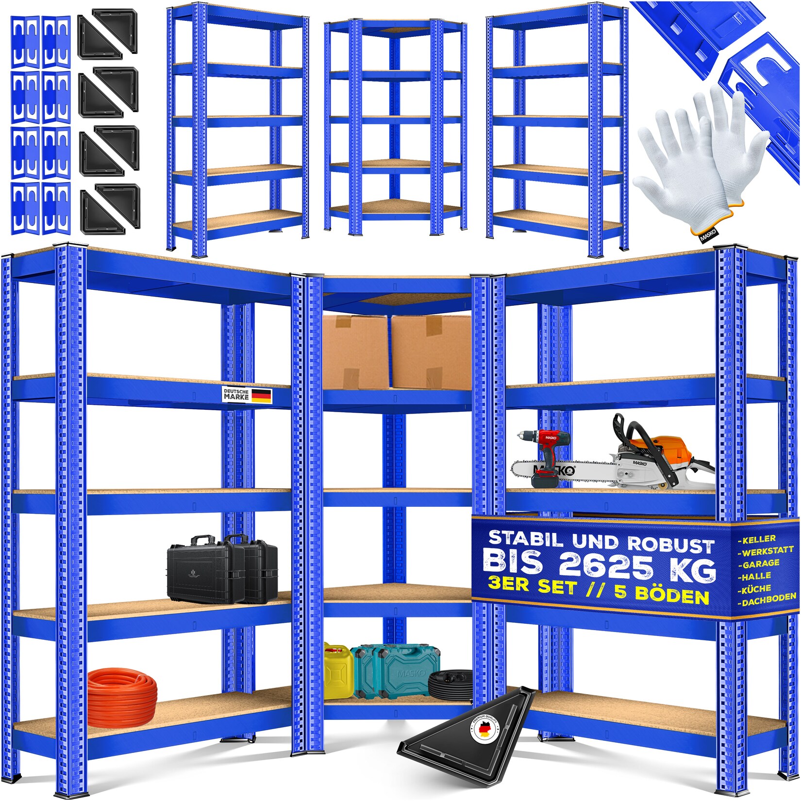 MASKO® 3er Set Metall Regalsystem Lagerregal 1 Eckregal & 2 Lagerregale 15 Böden MDF-Platten Regal 2625 kg Werkstattregal Kellerrregal Garage Schwerlastregal Steckregal MDF-Platten