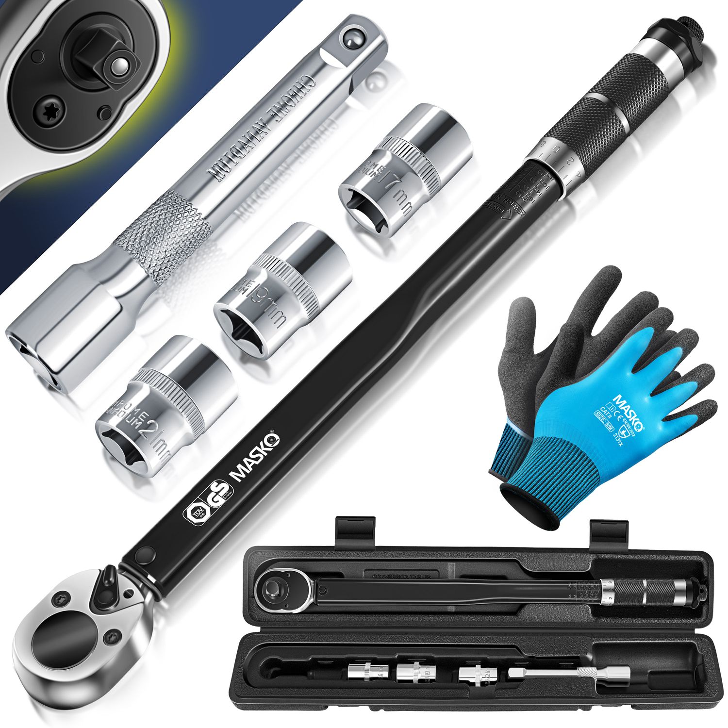 MASKO&reg; Drehmomentschl&uuml;ssel 6tlg. Set 40-210Nm 1/2 ' CV inkl. 3 Steckn&uuml;ssen 17mm, 19mm, 21mm  und Verl&auml;ngerung 125mm  inkl. Koffer +/- 4% Toleranz  Reifenschl&uuml;ssel Auto Drehmoment-Schl&uuml;ssel - Bild 1