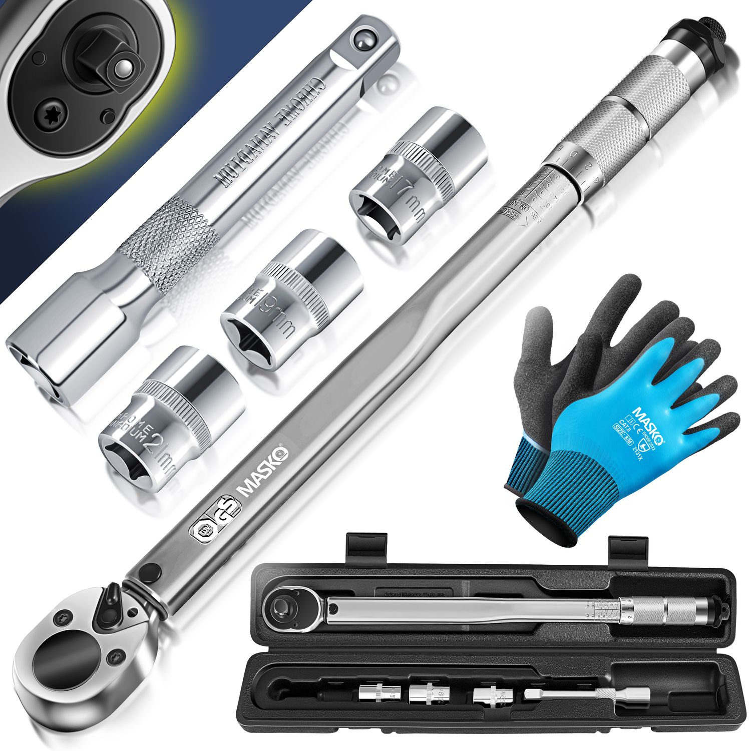 MASKO&reg; Drehmomentschl&uuml;ssel 6tlg. Set 40-210Nm 1/2 ' CV inkl. 3 Steckn&uuml;ssen 17mm, 19mm, 21mm  und Verl&auml;ngerung 125mm  inkl. Koffer +/- 4% Toleranz  Reifenschl&uuml;ssel Auto Drehmoment-Schl&uuml;ssel - Bild 1