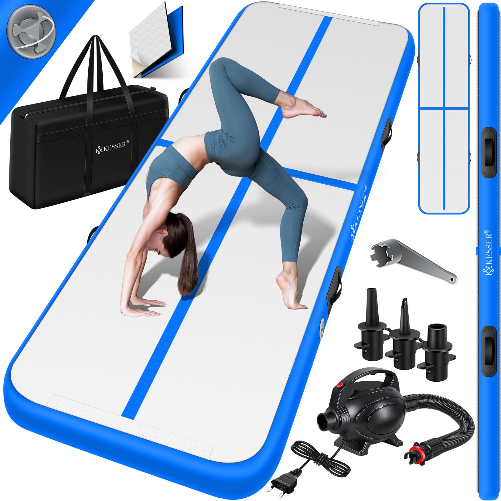 KESSER® Turnmatte Aufblasbar Airtrack 2m/3m/4m/5m/6m Fitness-Matte Gymnastikmatte inkl. Tragetasche & elektr. Luftpumpe Yogamatte, Tumbling Matten, Trainingsmatte, Turn- & Fitness