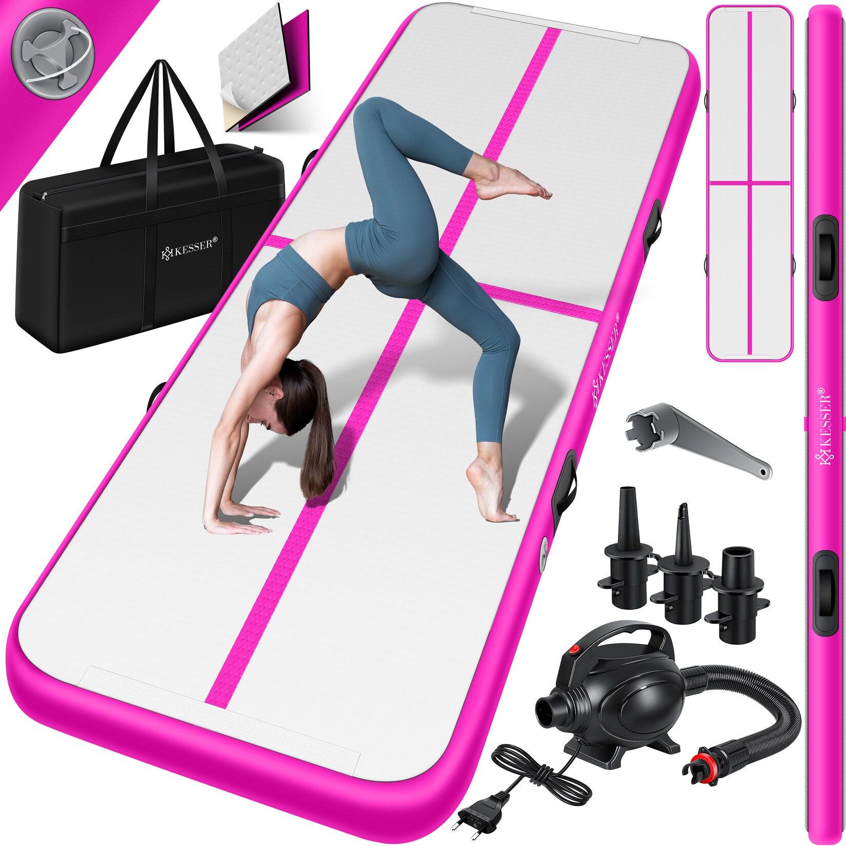 KESSER® Turnmatte Aufblasbar Airtrack 2m/3m/4m/5m/6m Fitness-Matte Gymnastikmatte inkl. Tragetasche & elektr. Luftpumpe Yogamatte, Tumbling Matten, Trainingsmatte, Turn- & Fitness