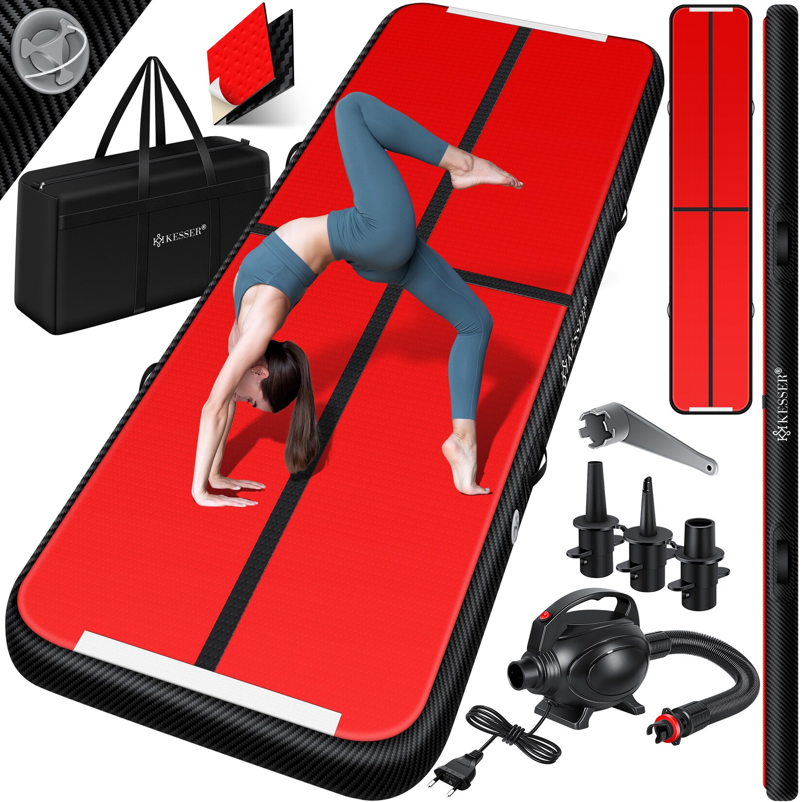 KESSER® Turnmatte Aufblasbar Airtrack 2m/3m/4m/5m/6m Fitness-Matte Gymnastikmatte inkl. Tragetasche & elektr. Luftpumpe Yogamatte, Tumbling Matten, Trainingsmatte, Turn- & Fitness