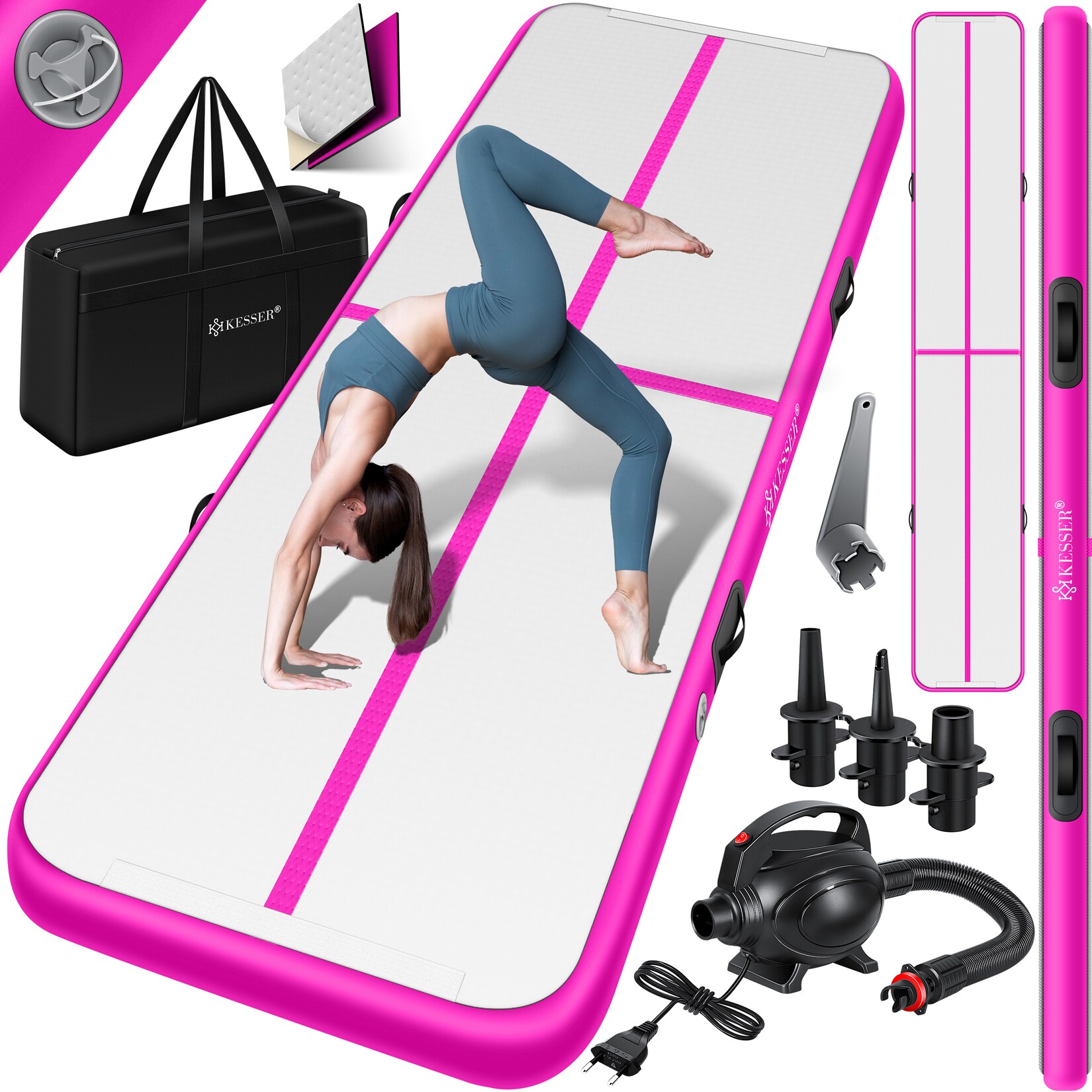 KESSER® Turnmatte Aufblasbar Airtrack 2m/3m/4m/5m/6m Fitness-Matte Gymnastikmatte inkl. Tragetasche & elektr. Luftpumpe Yogamatte, Tumbling Matten, Trainingsmatte, Turn- & Fitness