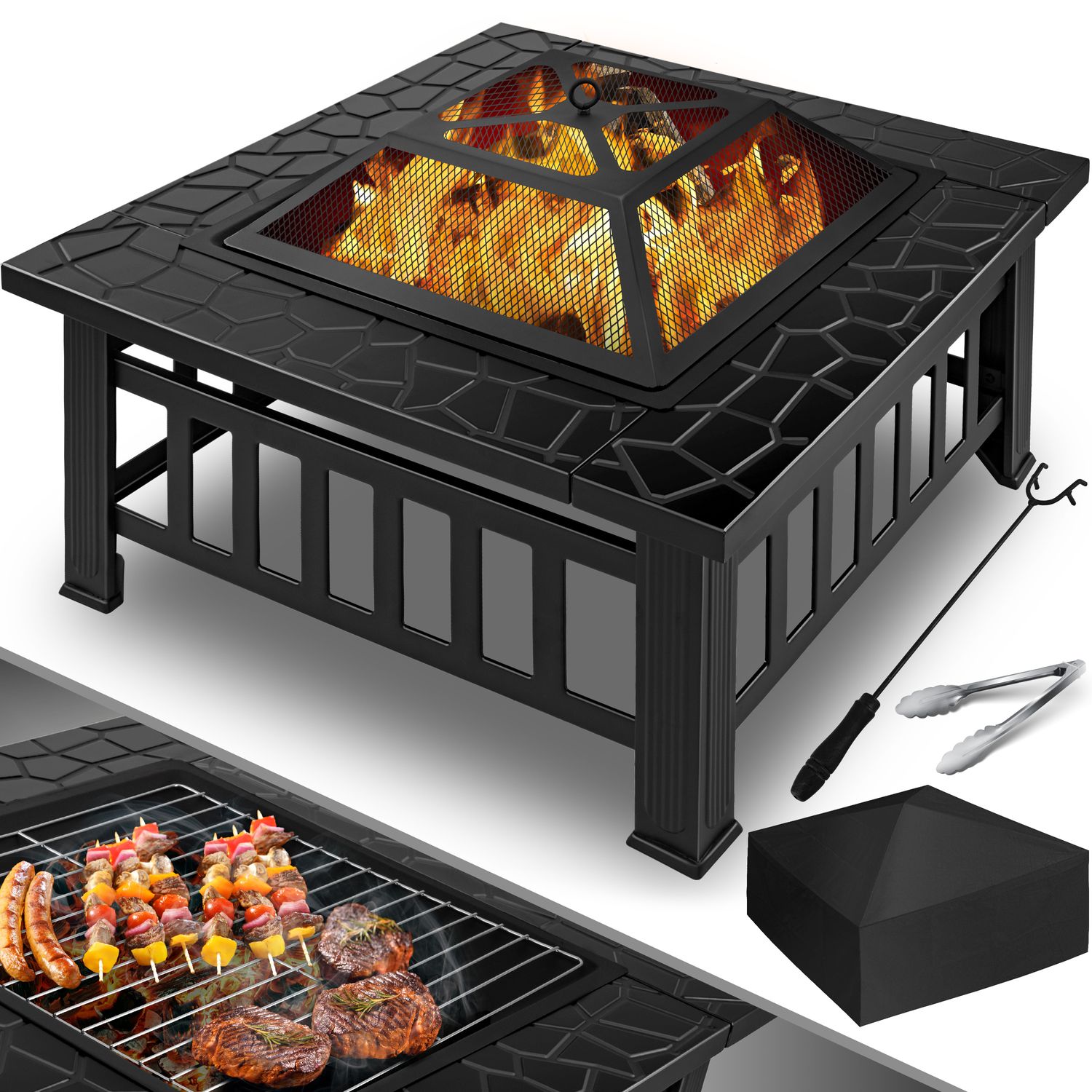 KESSER&reg; Feuerstelle mit Grillrost & Grillzange Feuerschale 82x82x50cm, 3in1 Multifunktional Fire Pit f&uuml;r Heizung/BBQ Grill, Garten Terrasse , Metall Feuerkorb mit Schutzh&uuml;lle Sch&uuml;rhaken Funkenschutz - Bild 1