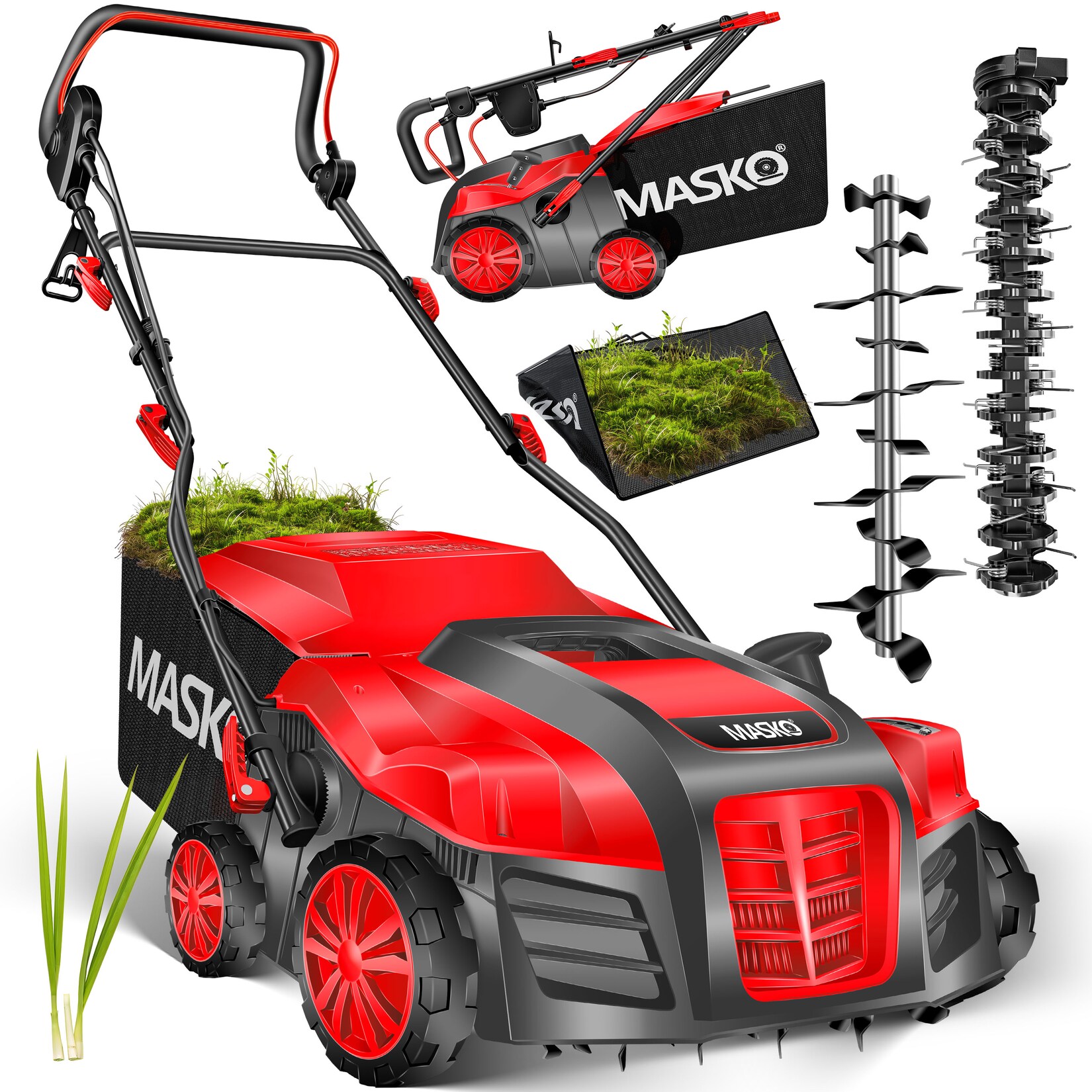MASKO® - Elektro 2in1 Vertikutierer Rasenlüfter 1800 Watt 40cm Arbeitsbreite 55L Fangkorb inkl. Lüfterwalze Lüfter Moosentferner, 5-stufige Arbeitstiefe einstellbar , höhenverstellbarer Holm