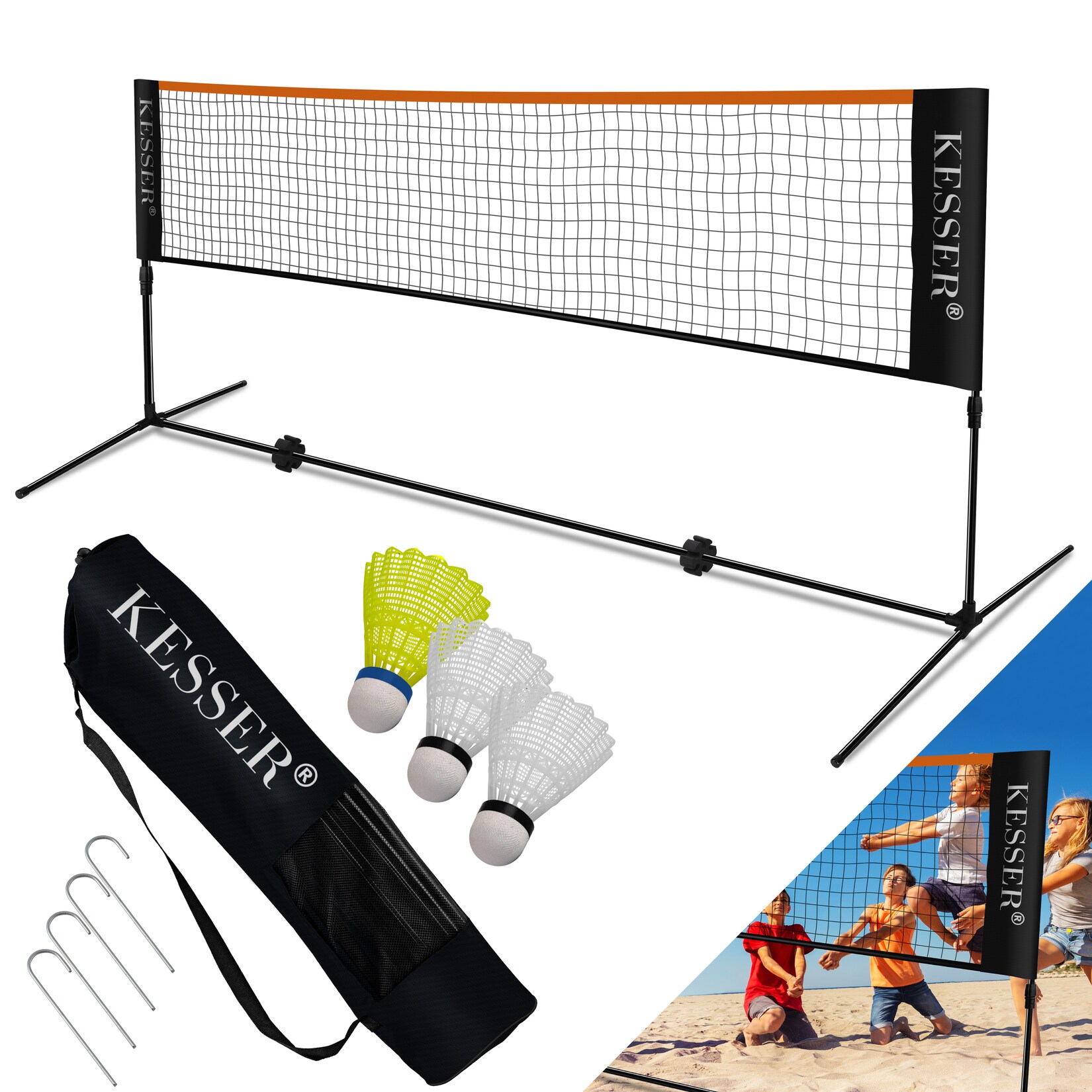 KESSER Badmintonnetz, Tennisnetz 300cm 400cm 500 cm Federballnetz 3-Fach-Höhenverstellbar, Set bestehend aus Netz, 3x Feder- & Tennisball, stabilem Eisen-Gestell, Transporttasche, Indoor & Outdoor