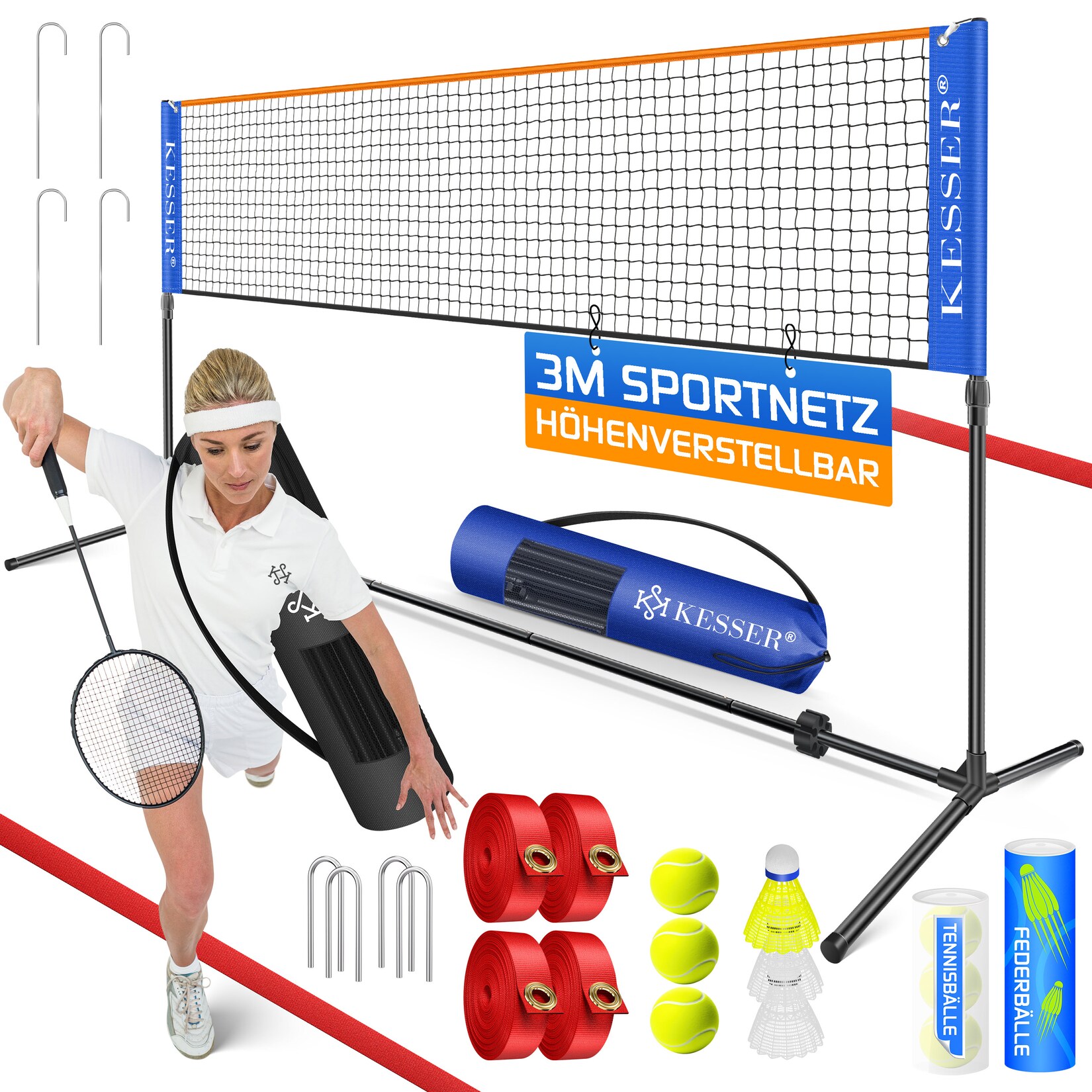 KESSER® Badmintonnetz, Tennisnetz 300cm 400cm 500 cm Federballnetz 3-Fach-Höhenverstellbar, Set bestehend aus Netz, 3x Feder- & Tennisball, stabilem Eisen-Gestell, Transporttasche, Indoor & Outdoor