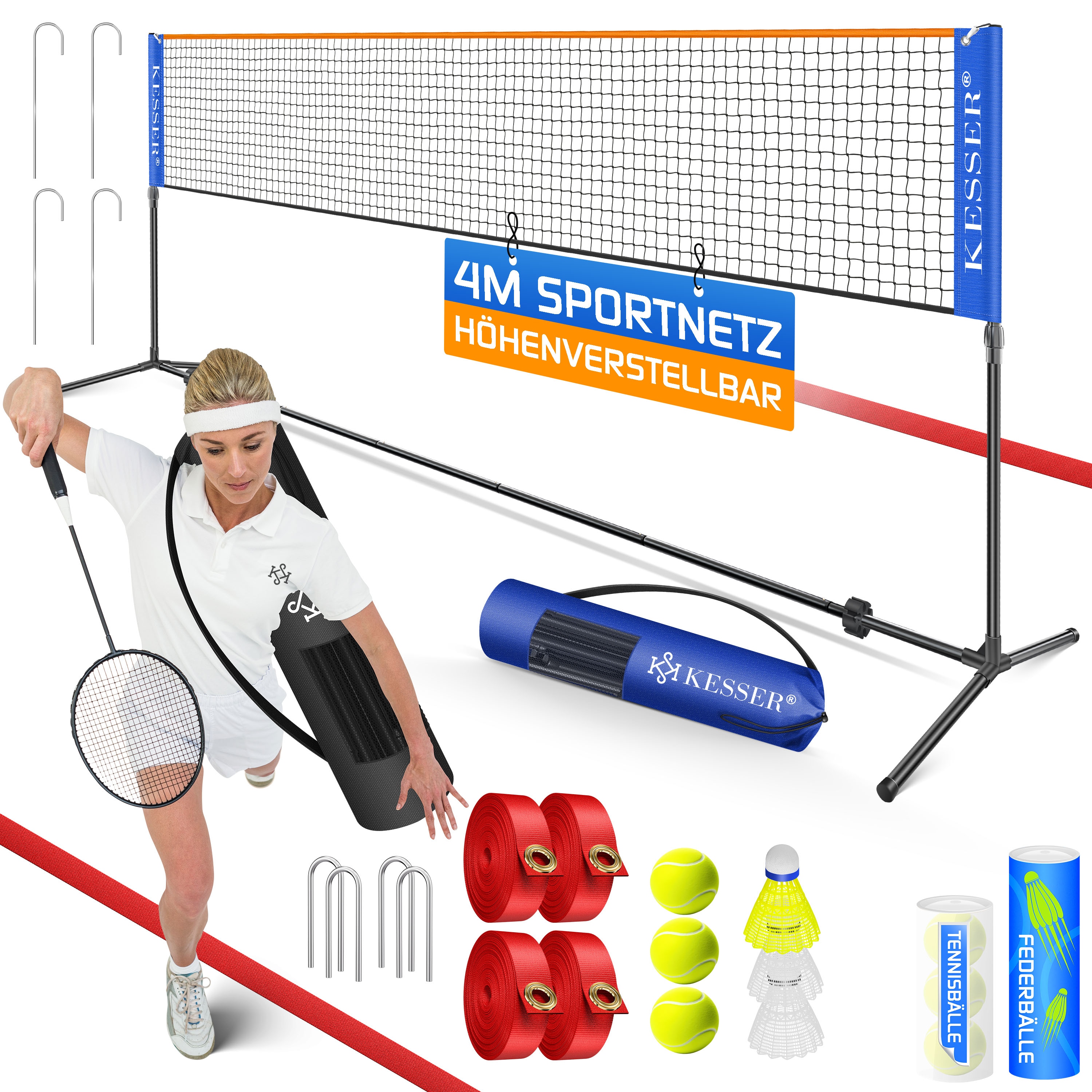 KESSER&reg; Badmintonnetz, Tennisnetz | 300cm | 400cm | 500 cm | Federballnetz 3-Fach-H&ouml;henverstellbar, Set bestehend aus Netz, 3x Feder- & Tennisball, stabilem Eisen-Gestell, Transporttasche, Indoor & Outdoor - Bild 1