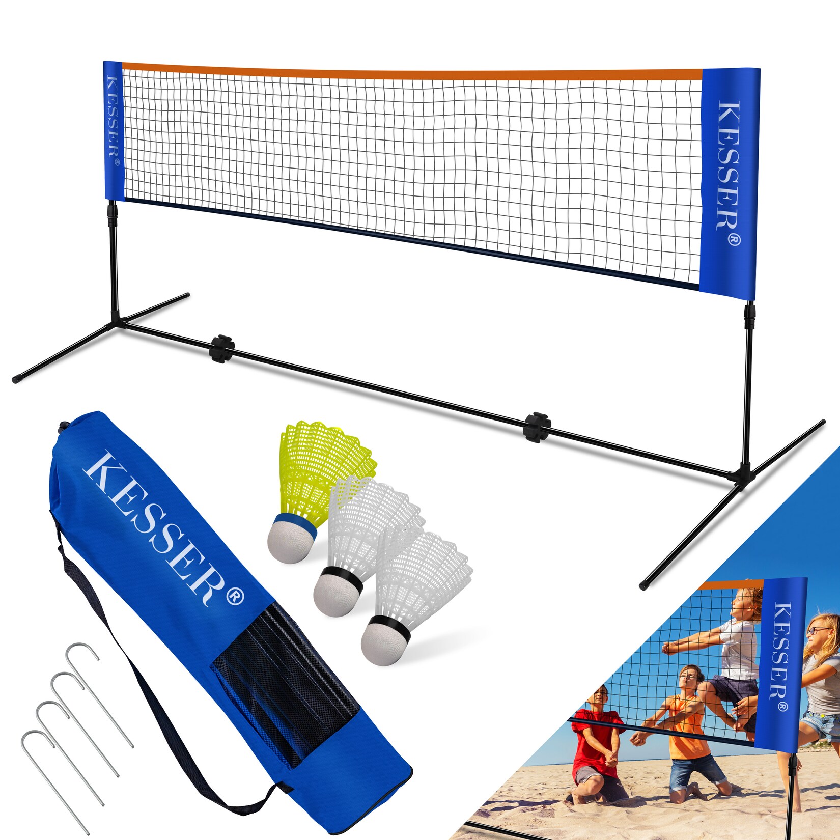 KESSER Badmintonnetz, Tennisnetz 300cm 400cm 500 cm Federballnetz 3-Fach-Höhenverstellbar, Set bestehend aus Netz, 3x Feder- & Tennisball, stabilem Eisen-Gestell, Transporttasche, Indoor & Outdoor