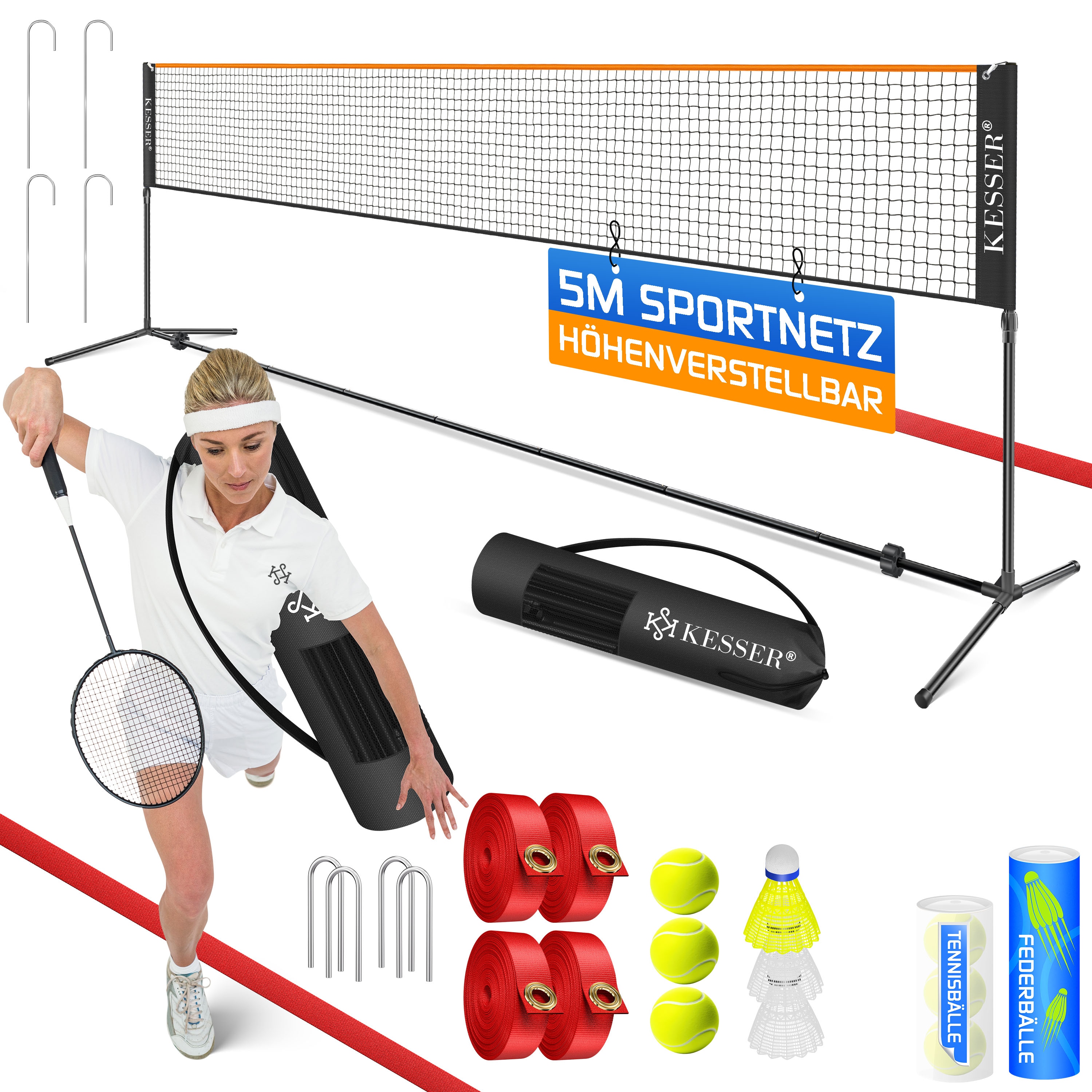 KESSER&reg; Badmintonnetz, Tennisnetz | 300cm | 400cm | 500 cm | Federballnetz 3-Fach-H&ouml;henverstellbar, Set bestehend aus Netz, 3x Feder- & Tennisball, stabilem Eisen-Gestell, Transporttasche, Indoor & Outdoor - Bild 1
