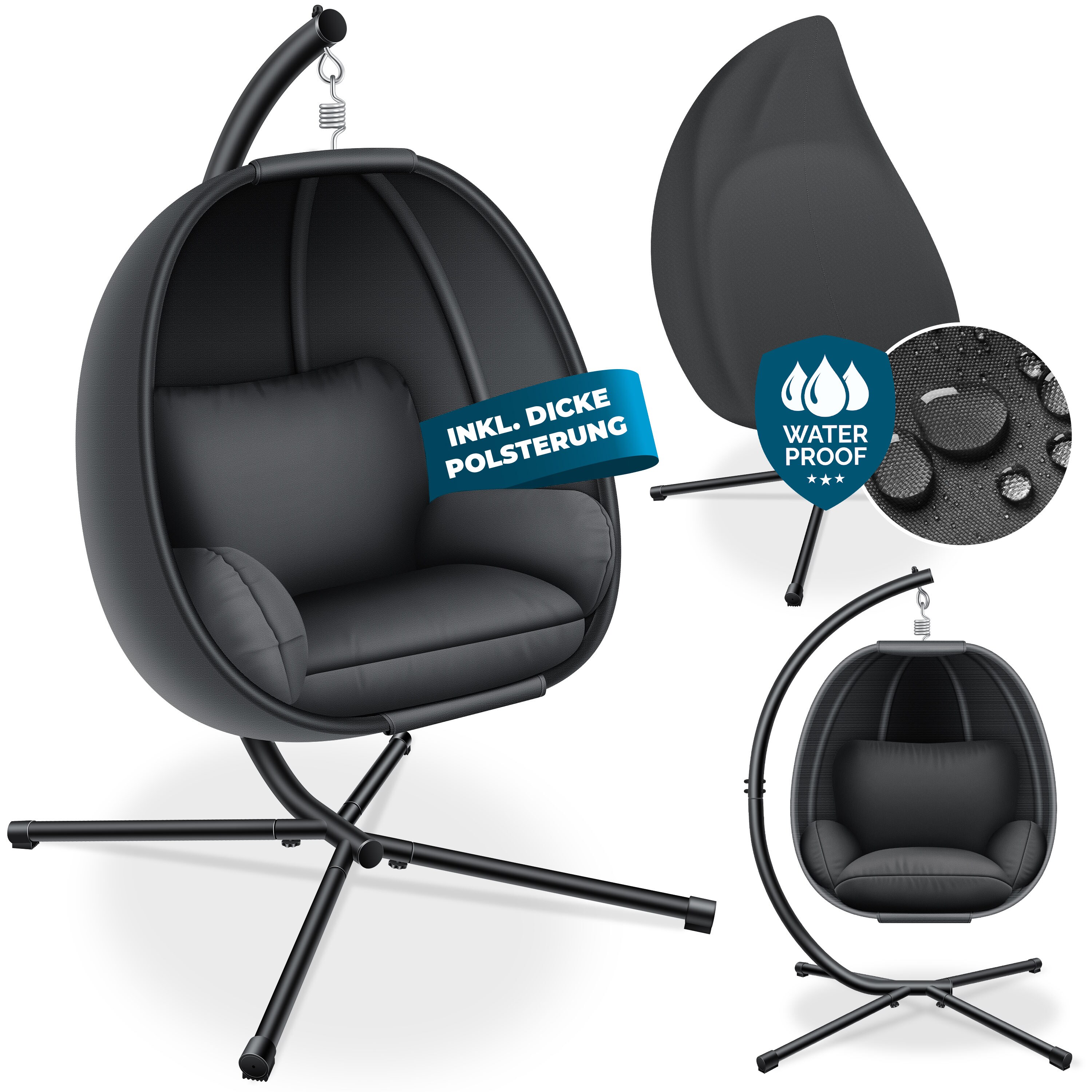 KESSER&reg; Luxe H&auml;ngesessel mit Gestell + weicher Sitzkissen, Seitenpolsterung, Sitz- und R&uuml;ckenkissen H&auml;ngekorb Indoor & Outdoor, Garten Schaukel Korb H&auml;ngestuhl Stabiler Standfu&szlig;, max. 150 kg - Bild 1