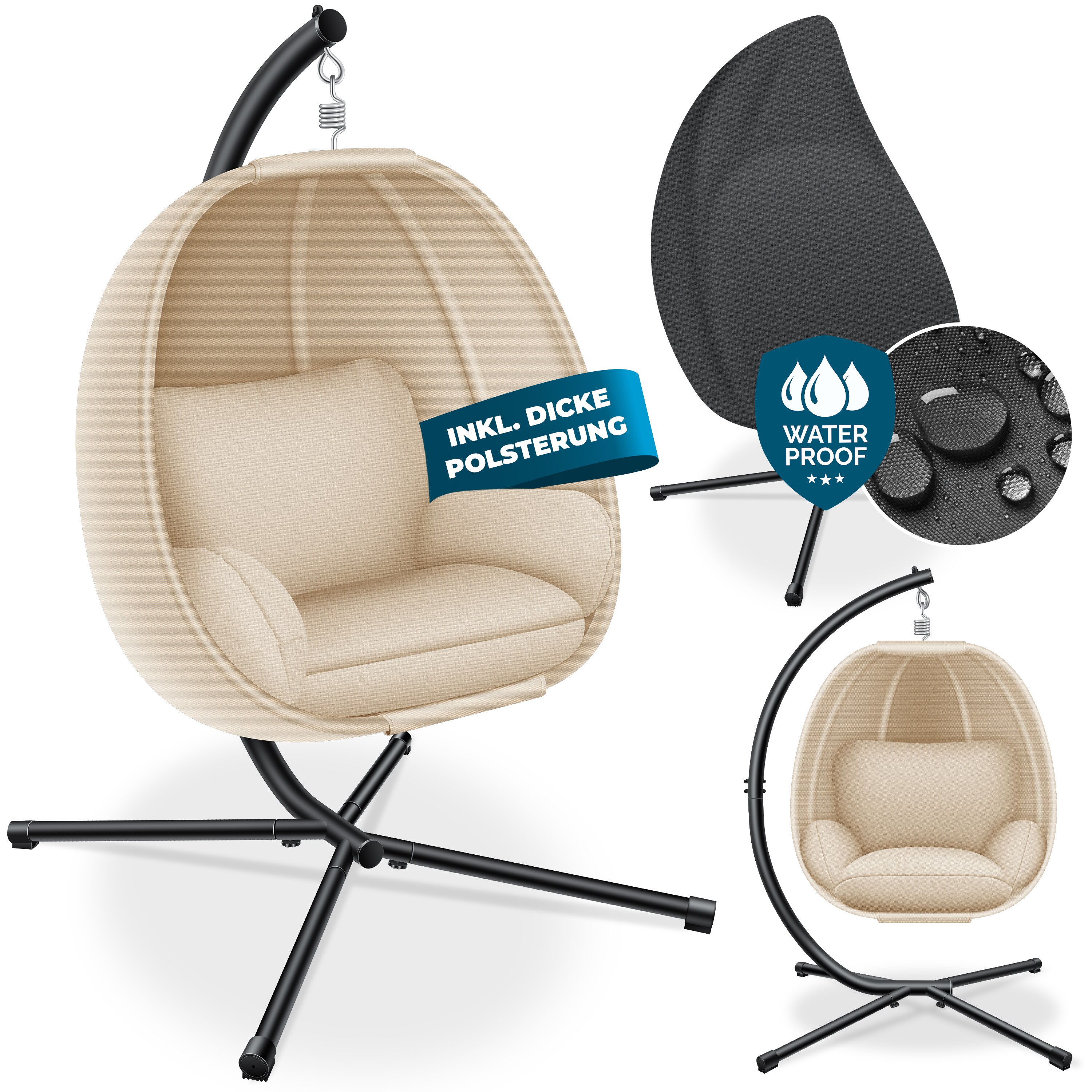 KESSER&reg; Luxe H&auml;ngesessel mit Gestell + weicher Sitzkissen, Seitenpolsterung, Sitz- und R&uuml;ckenkissen H&auml;ngekorb Indoor & Outdoor, Garten Schaukel Korb H&auml;ngestuhl Stabiler Standfu&szlig;, max. 150 kg - Bild 1