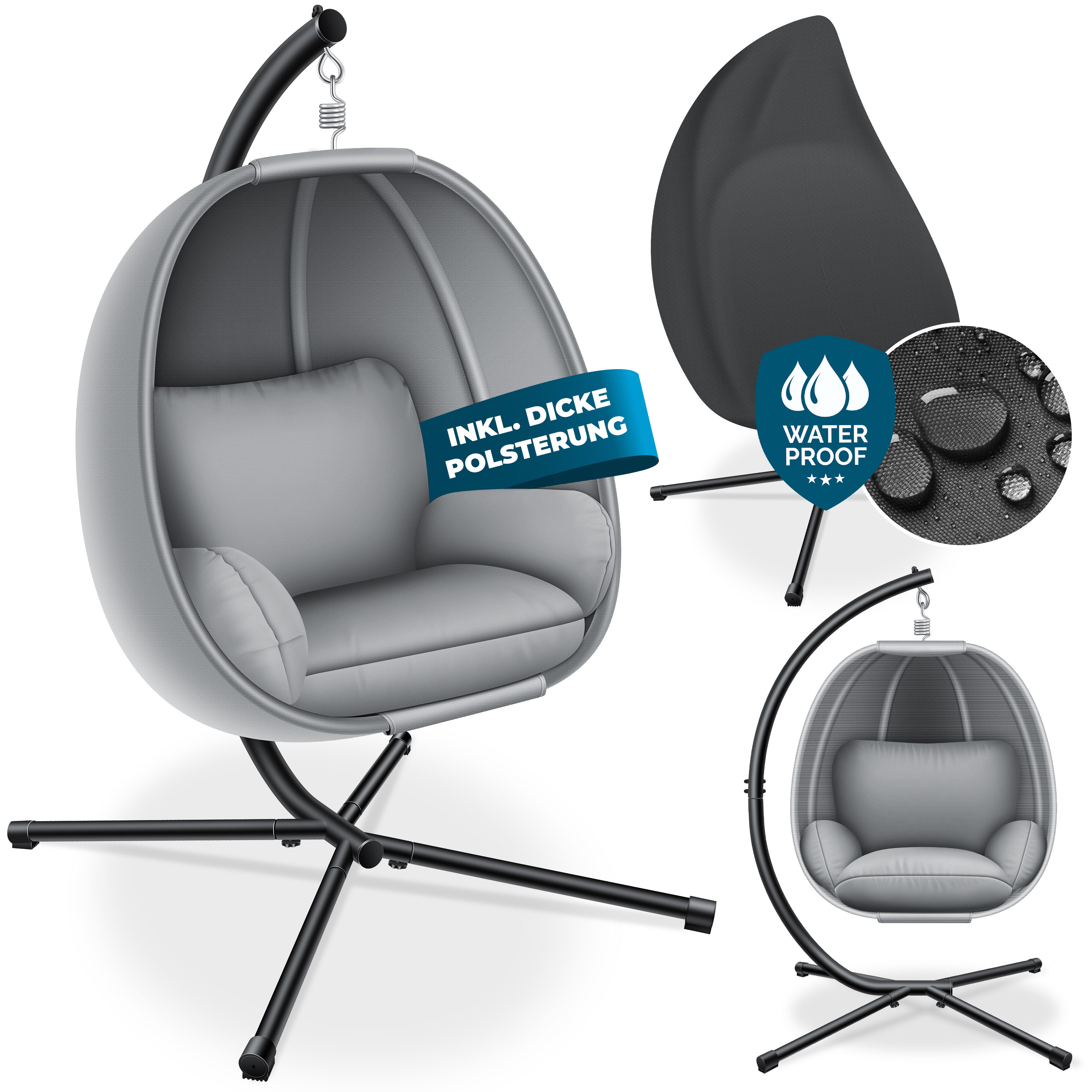 KESSER&reg; Luxe H&auml;ngesessel mit Gestell + weicher Sitzkissen, Seitenpolsterung, Sitz- und R&uuml;ckenkissen H&auml;ngekorb Indoor & Outdoor, Garten Schaukel Korb H&auml;ngestuhl Stabiler Standfu&szlig;, max. 150 kg - Bild 1