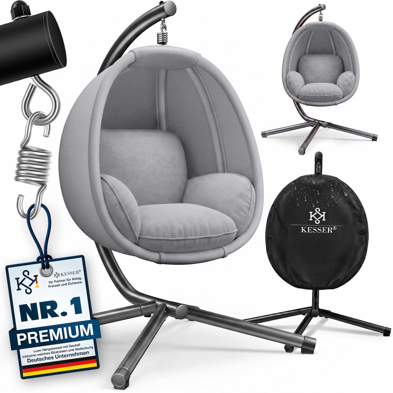 KESSER® Luxe Hängesessel mit Gestell + weicher Sitzkissen, Seitenpolsterung, Sitz- und Rückenkissen Hängekorb Indoor & Outdoor, Garten …