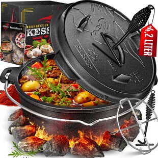 KESSER® Dutch Oven Set BBQ Feuertopf Schmortopf, Gusseisen Topf mit Deckelheber Henkel und Schlitz für Themormeter, kochkessel Grilltopf Gulaschkessel für Oudoor & Indoor - Bild 1