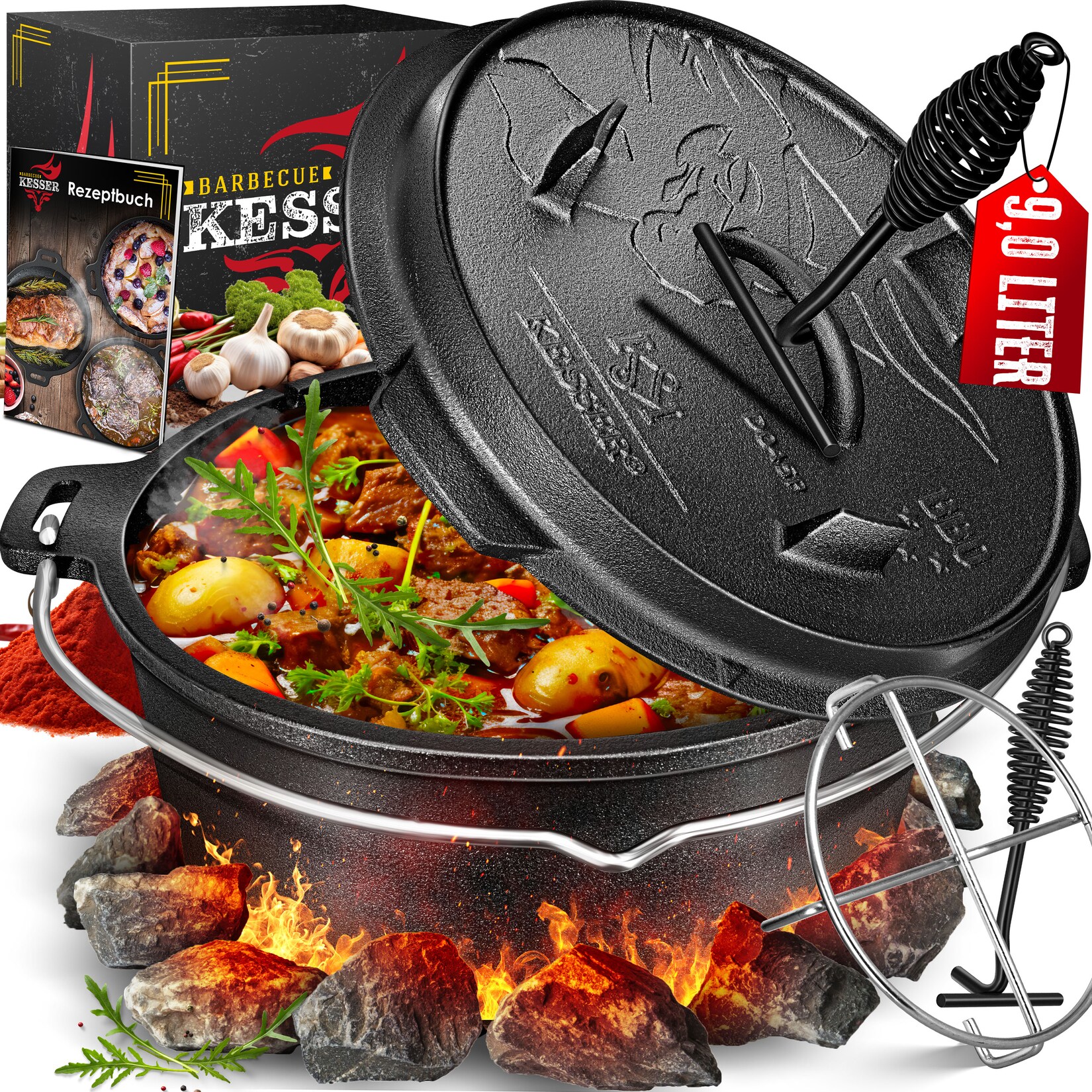 KESSER® Dutch Oven Set BBQ Feuertopf Schmortopf, Gusseisen Topf mit Deckelheber Henkel und Schlitz für Themormeter, kochkessel Grilltopf Gulaschkessel für Oudoor & Indoor