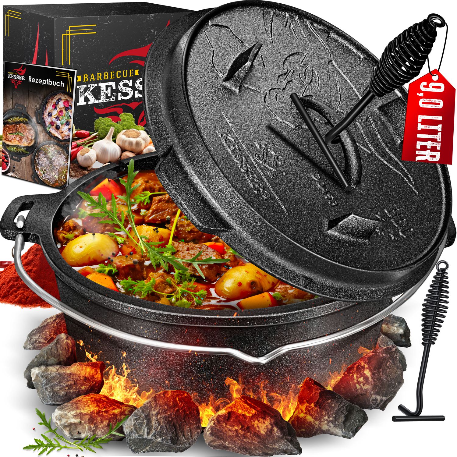 KESSER&reg; Dutch Oven Set BBQ Feuertopf Schmortopf, Gusseisen Topf mit Deckelheber Henkel und Schlitz f&uuml;r Themormeter, kochkessel Grilltopf Gulaschkessel f&uuml;r Oudoor & Indoor - Bild 1