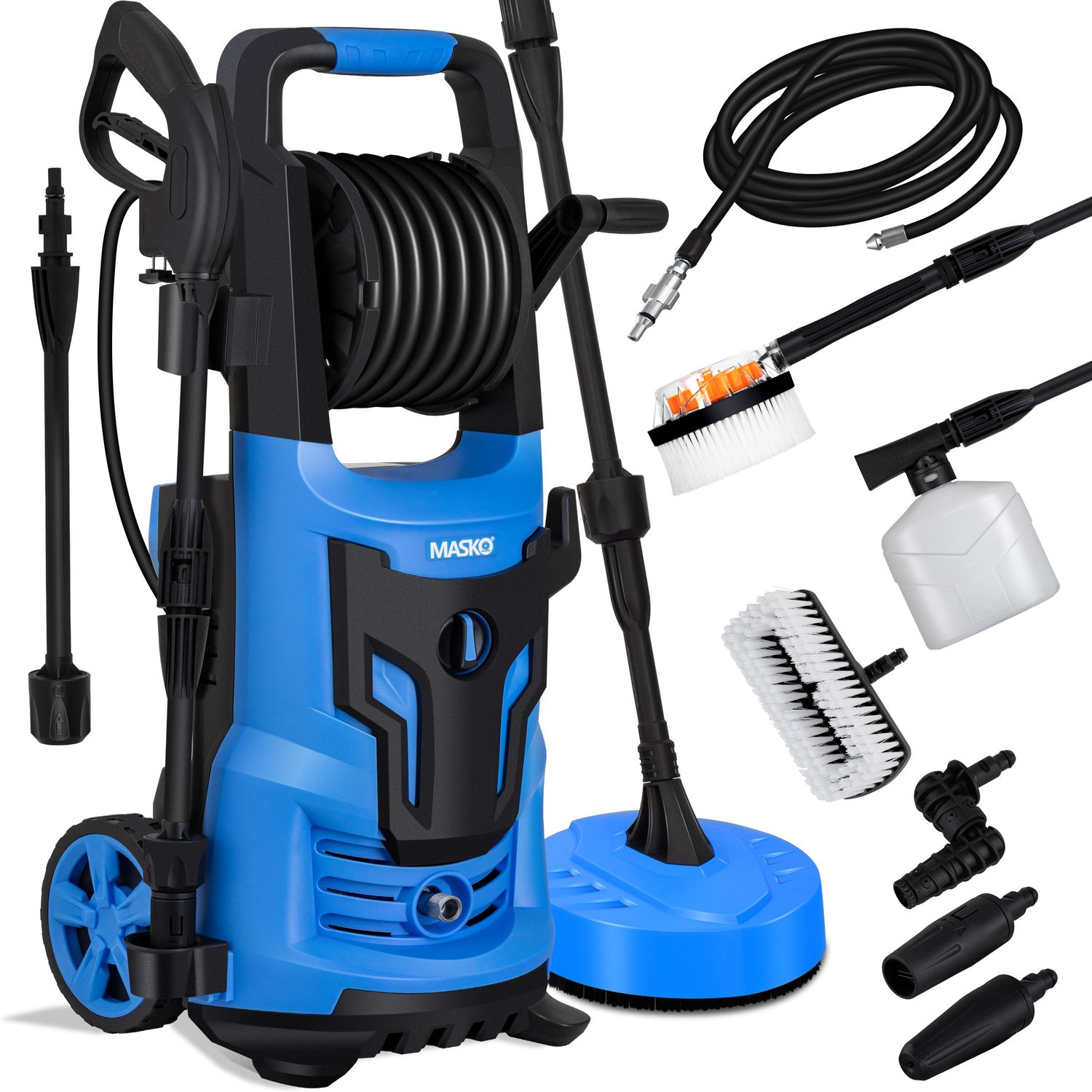 MASKO&reg; Hochdruckreiniger 2200 Watt 165 bar 450 l/h, mit Spule Schlauchtrommel 10m Schlauch 9 TLG Zubeh&ouml;r Set, mit Handschuhen, Seifenflasche, Schaumd&uuml;se, Hochdruckpistole f&uuml;r Autos/Z&auml;une/Garten/Patios - Bild 1