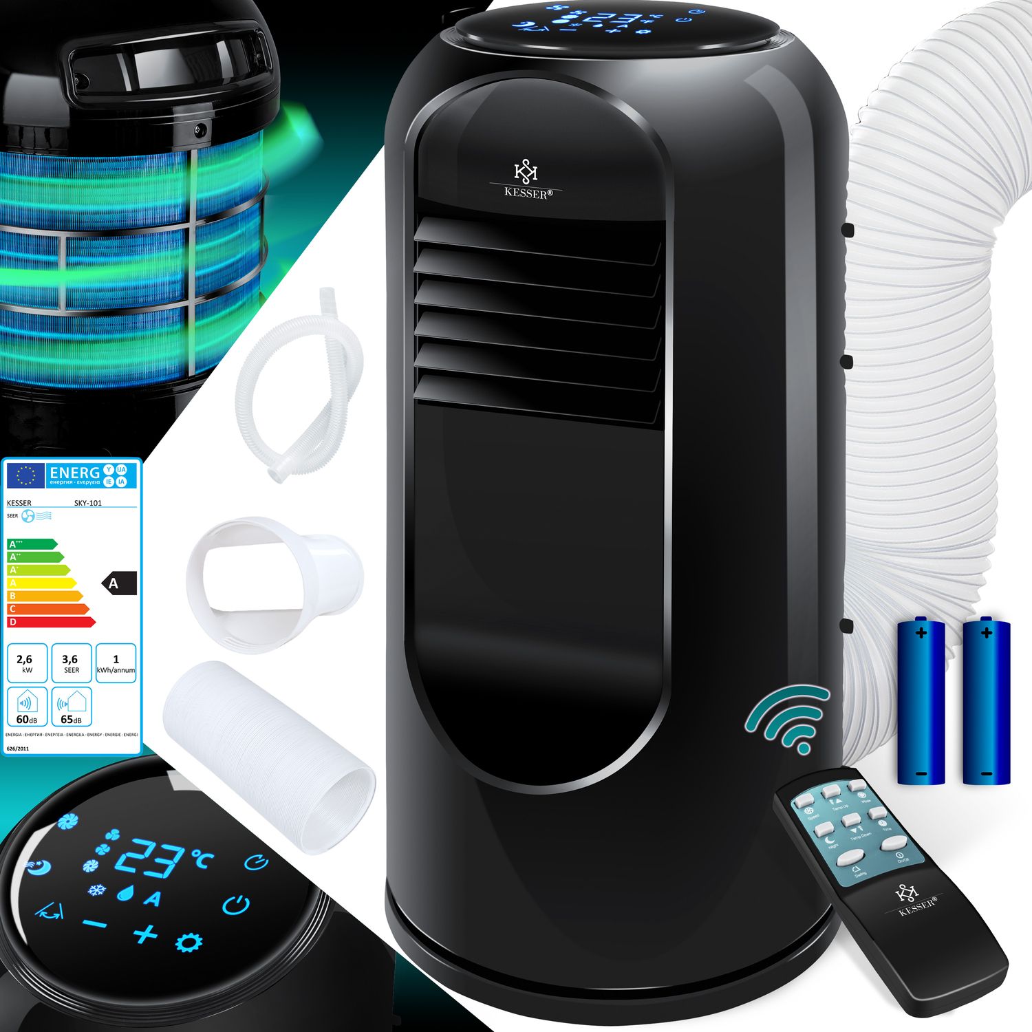 KESSER&reg; Klimaanlage Mobil Klimager&auml;t Sky Tower 4in1 k&uuml;hlen, Luftentfeuchter, l&uuml;ften, Ventilator - 9000 BTU/h (2.600 Watt) 2,7KW - Klima , Fernbedienung und Timer, Nachtmodus (EEK: A) - Bild 1
