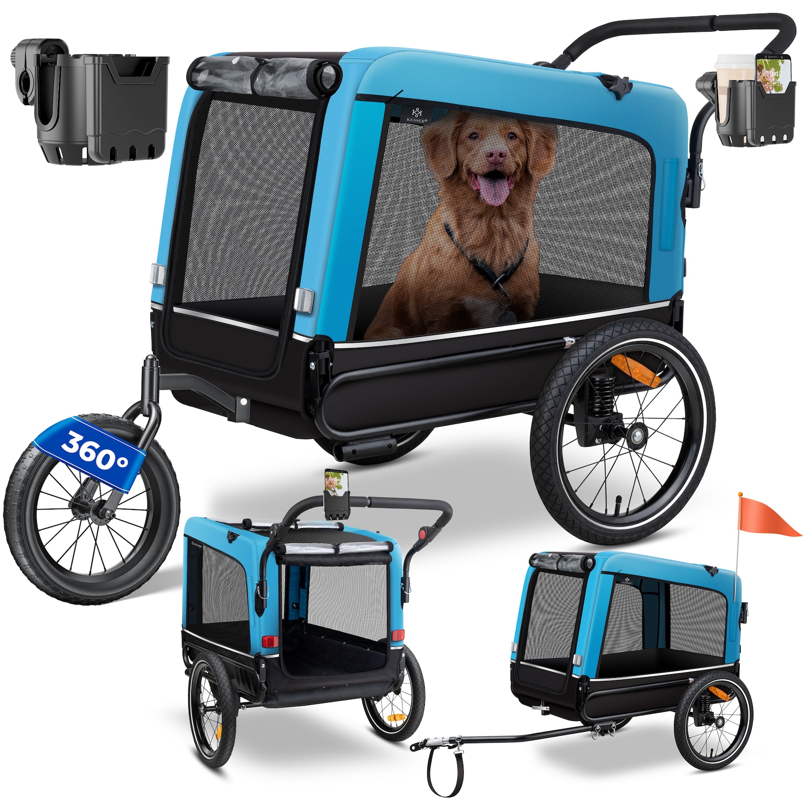 KESSER® Hundeanhänger Boxer 3-in-1 Hundebuggy & Jogger Fahrradanhänger groß ca. 240 Liter Volumen, gefedert, 360° Grad Vorderrad, 600D Oxford Canvas, SmartSpace Concept, maximale Belastbarkeit: 40 kg
