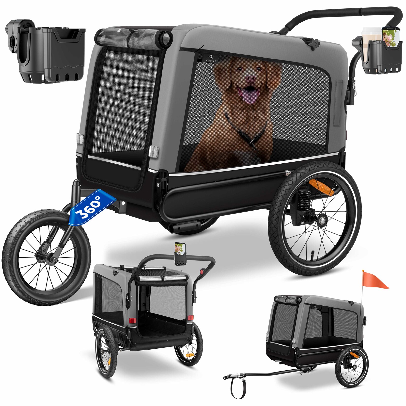 KESSER® Hundeanhänger Boxer 3-in-1 Hundebuggy & Jogger Fahrradanhänger groß ca. 240 Liter Volumen, gefedert, 360° Grad Vorderrad, 600D …