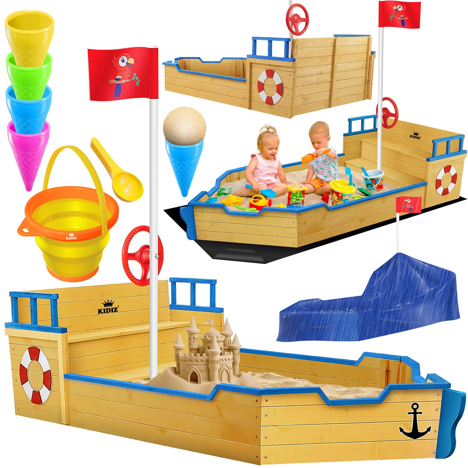 KIDIZ&reg; Sandkasten Ahoi - Piratenschiff Boot Segelschiff aus Holz Inkl. Abdeckung, Bodenplane, Sitzbank, Flaggenmast, Sandspielzeug  | Gro&szlig;e Kinder Sandkiste f&uuml;r den Garten | Outdoor Sandbox - Bild 1
