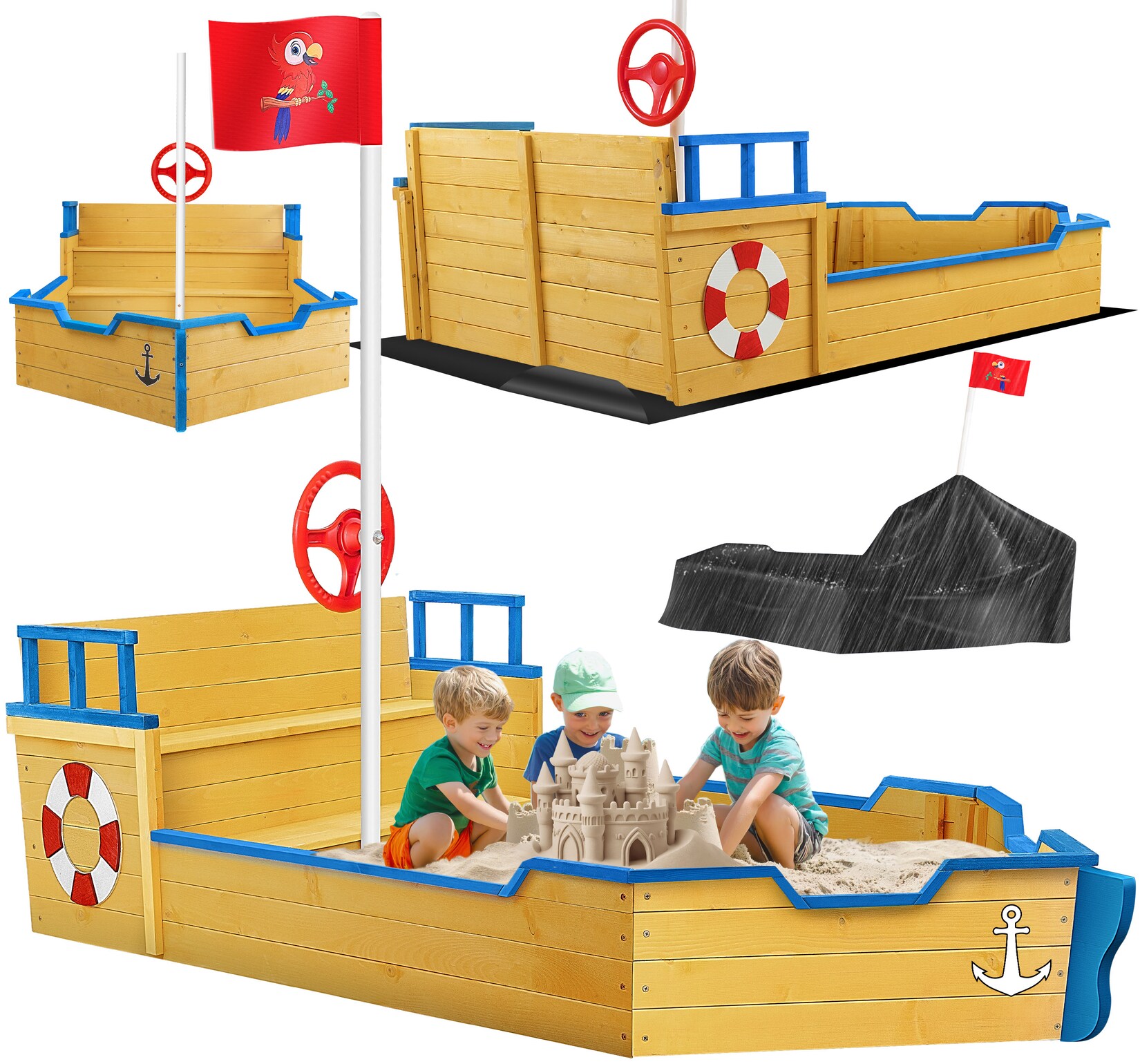 KIDIZ® Sandkasten Ahoi - Piratenschiff Boot Segelschiff aus Holz Inkl. Abdeckung, Bodenplane, Sitzbank, Flaggenmast, Sandspielzeug Große Kinder Sandkiste für den Garten Outdoor Sandbox