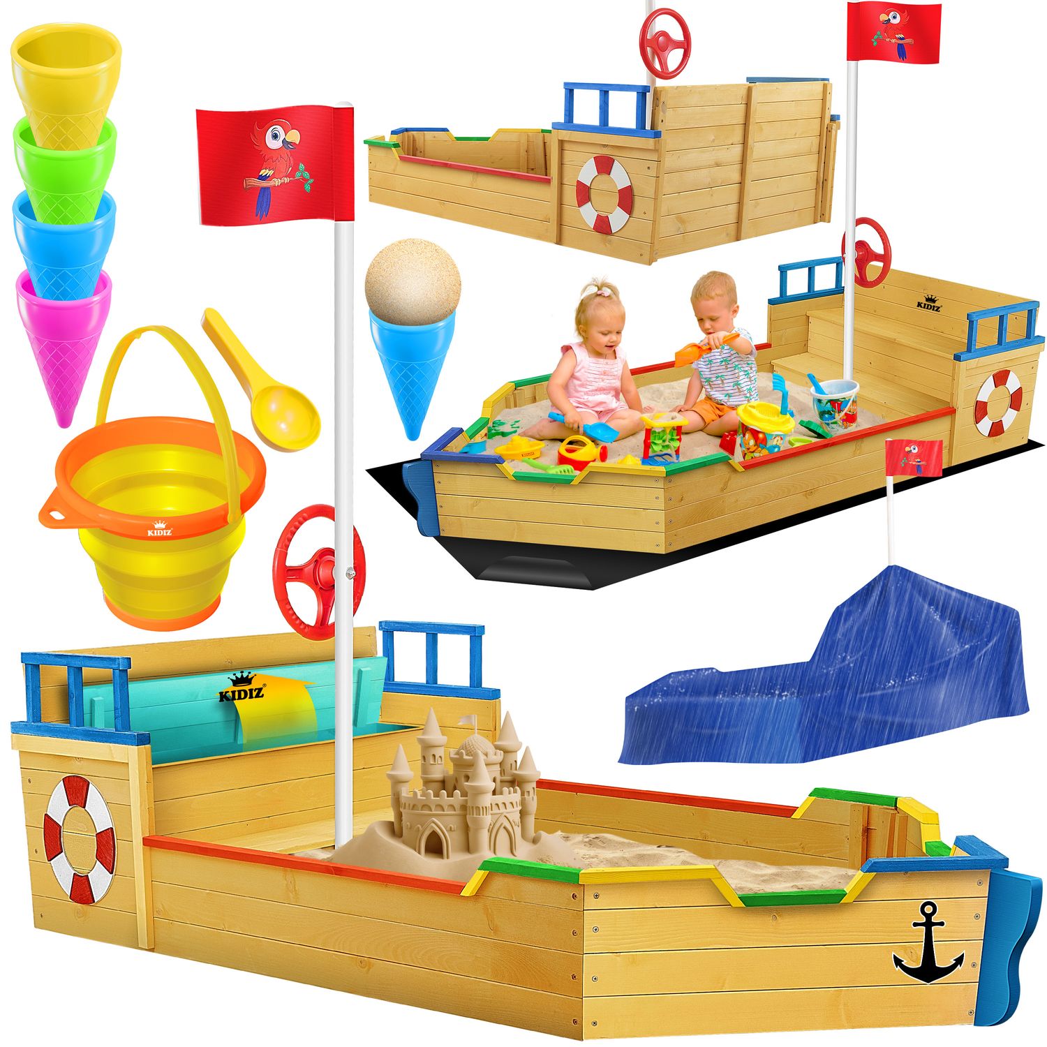 KIDIZ&reg; Sandkasten Ahoi - Piratenschiff Boot Segelschiff aus Holz Inkl. Abdeckung, Bodenplane, Sitzbank, Flaggenmast, Sandspielzeug  | Gro&szlig;e Kinder Sandkiste f&uuml;r den Garten | Outdoor Sandbox - Bild 1