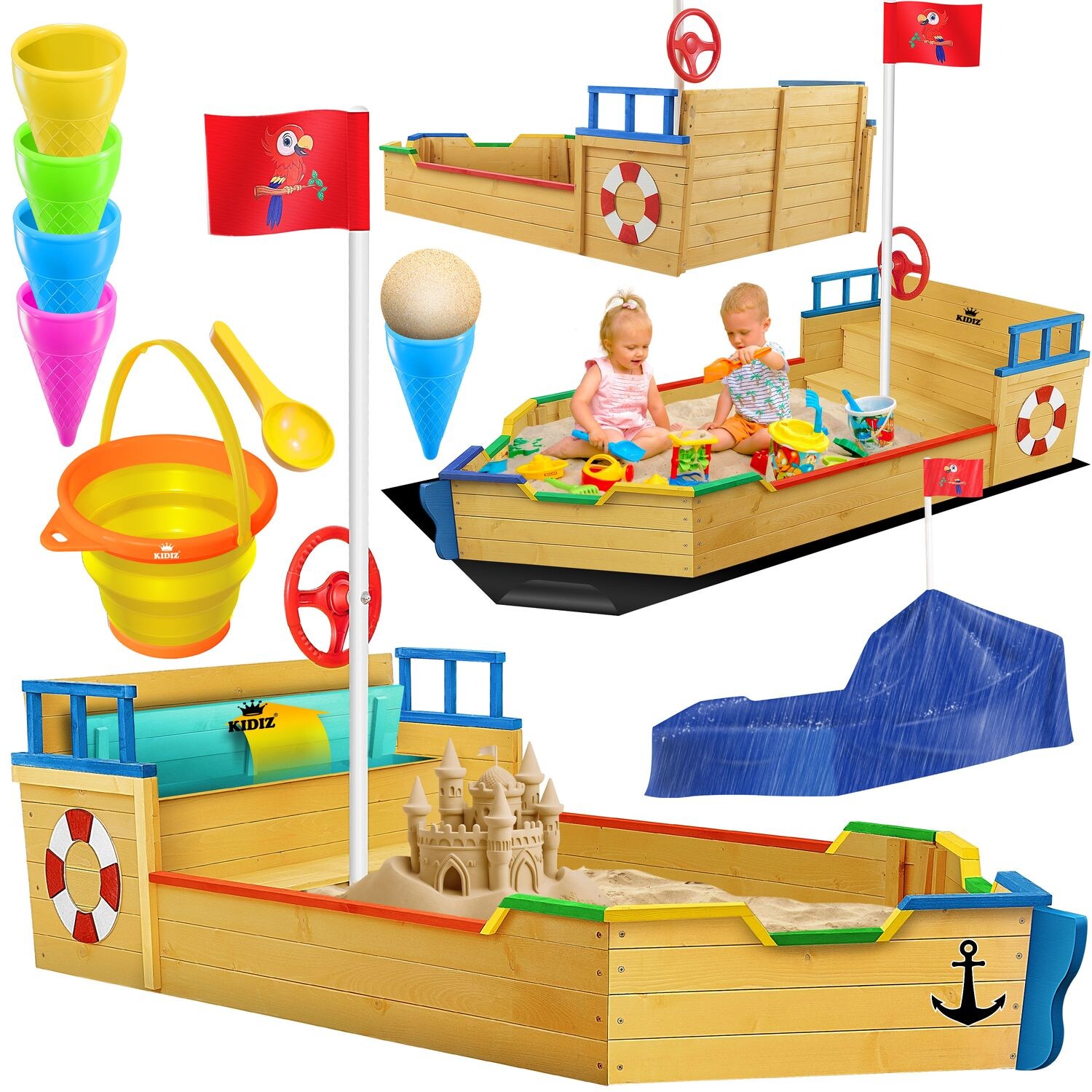 KIDIZ® Sandkasten Ahoi – Piratenschiff Boot Segelschiff aus Holz Inkl. Abdeckung, Bodenplane, Sitzbank, Flaggenmast, Sandspielzeug    Große Kinder Sandkiste für den Garten   Outdoor Sandbox | 04260663286821