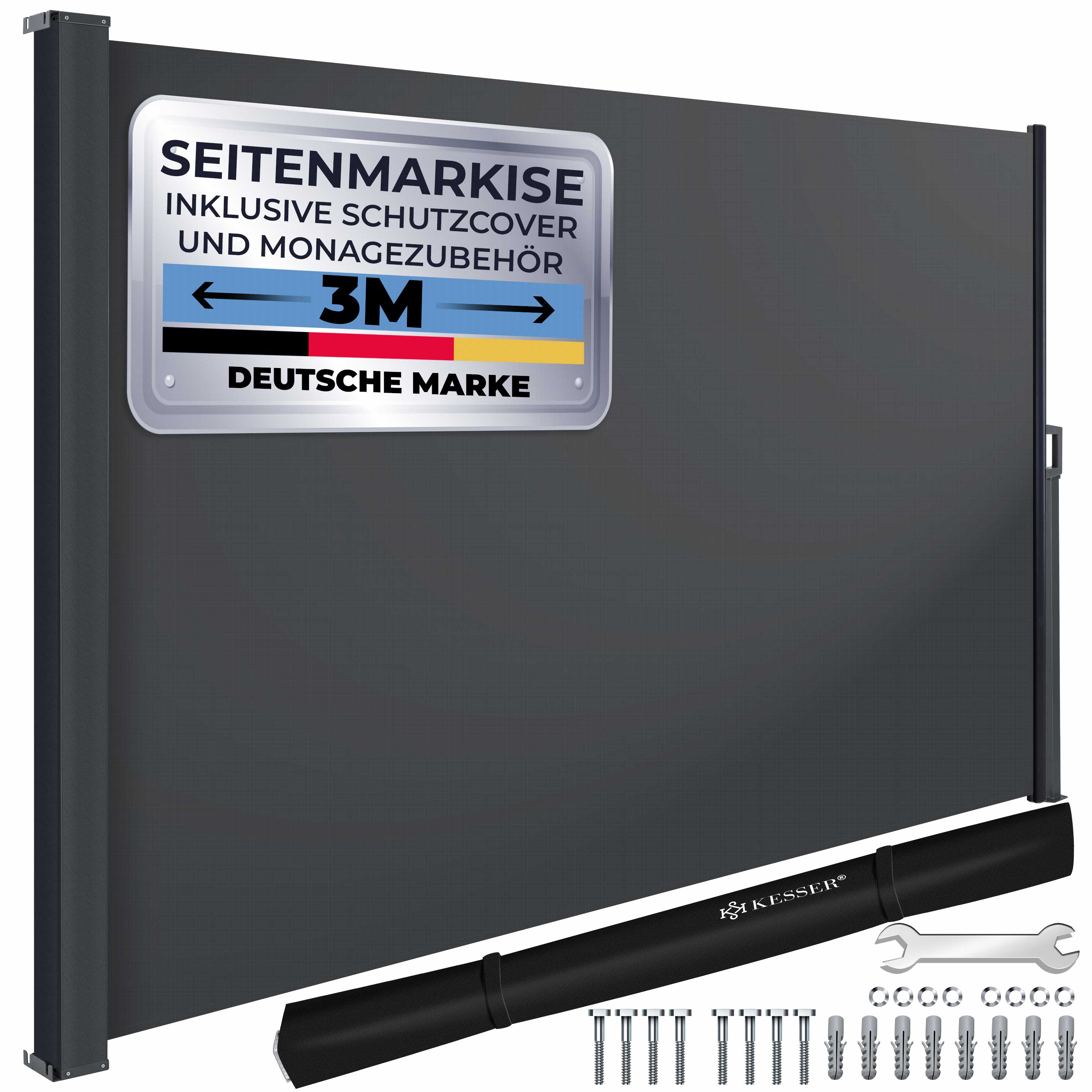 KESSER&reg; Seitenmarkise ausziehbar Markise Blickdicht Sichtschutz & Windschutz f&uuml;r Garten Balkon & Terrasse, Seitenrollo mit Wandhalterung und Cover - Bild 1