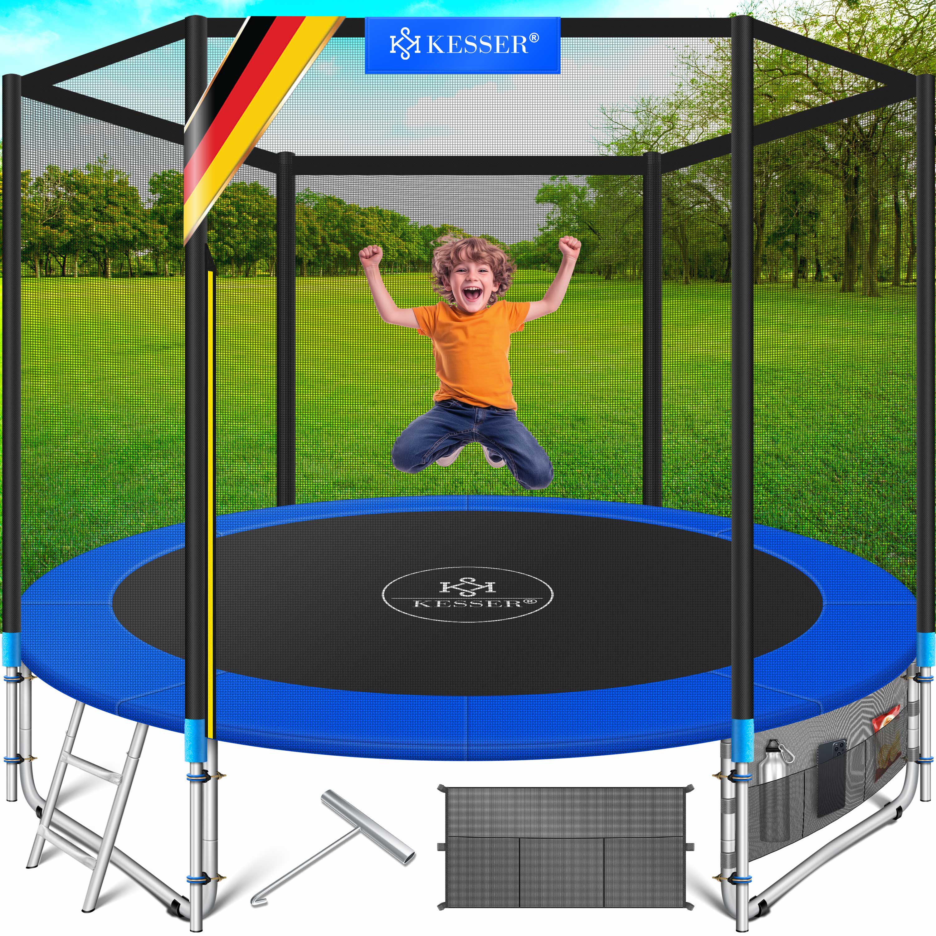 KESSER&reg; - Trampolin  | T&Uuml;V Rheinland GS Zertifiziert | Komplettset mit Sicherheitsnetz, Leiter,  Randabdeckung, Seitentasche & Zubeh&ouml;r | Kindertrampolin Gartentrampolin Belastbarkeit 150 kg - Bild 1