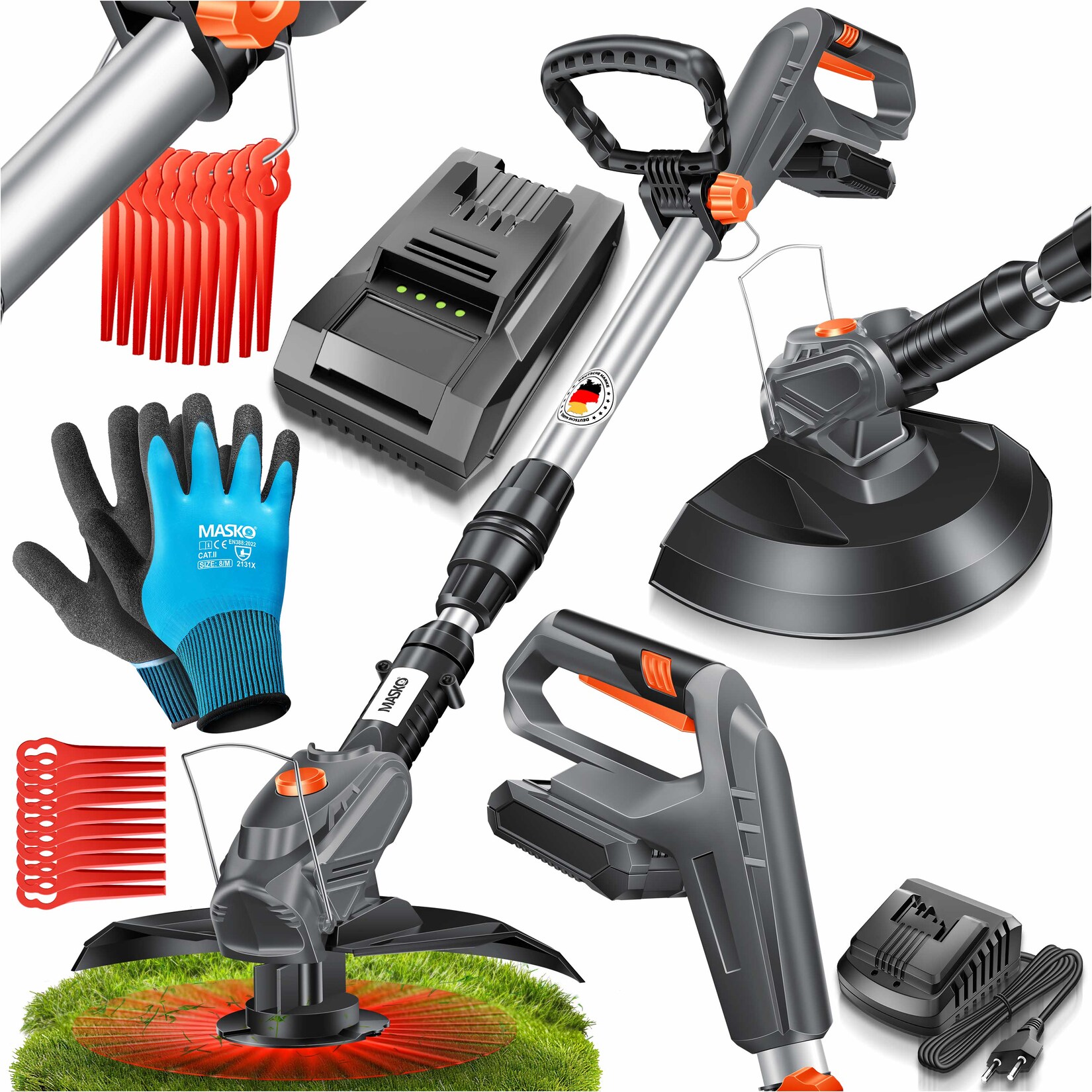 ® Akku-Rasentrimmer mit 20 V Li-Akku, 2,0 Ah Akku und Ladegerät, Motorsense 26 cm Schnittkreis, 180° Trimmwinkel, Teleskop-Stiel & Zusatzhandgriff, inkl. 20 Messer Kunststoffklinge