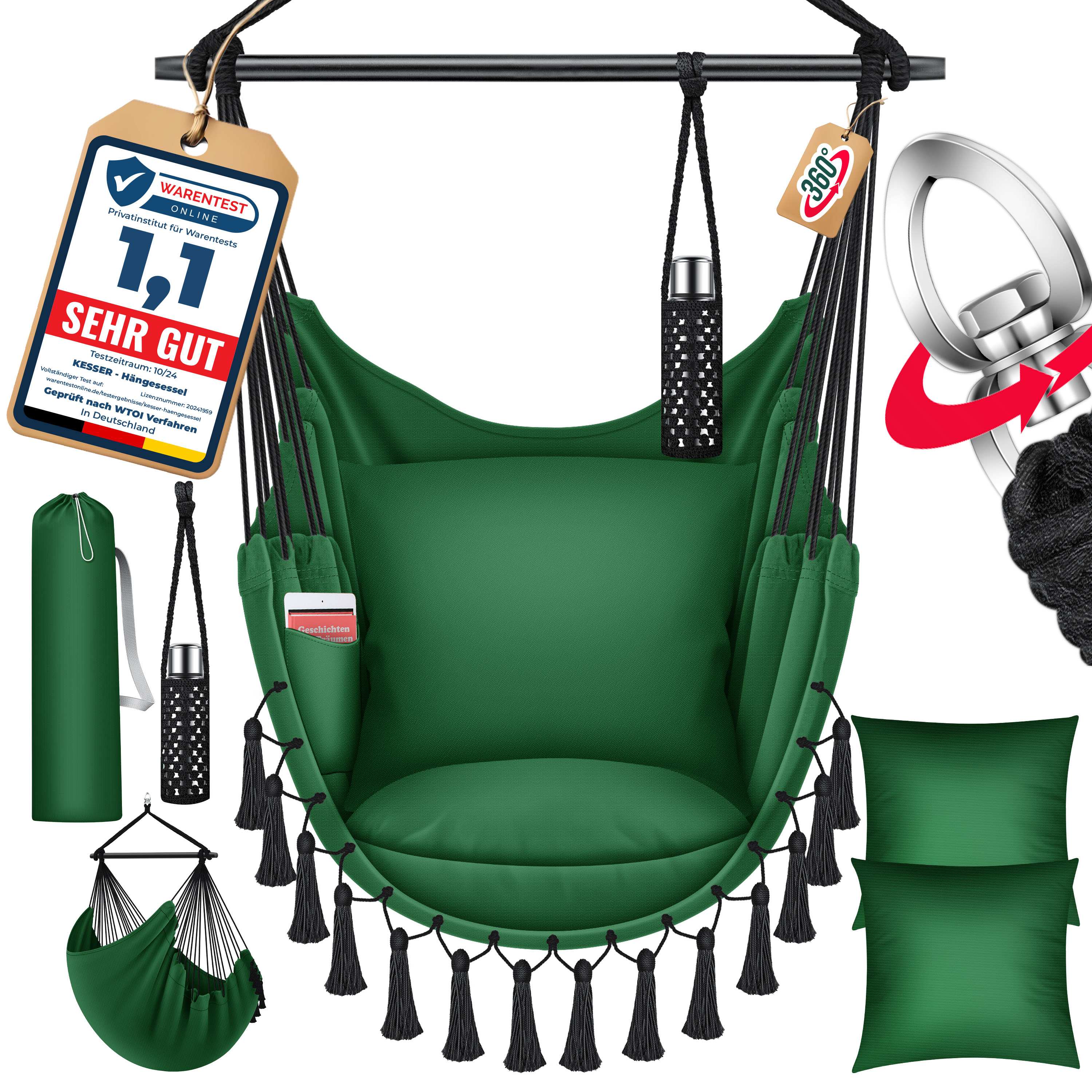 KESSER&reg; H&auml;ngesessel mit 2 Kissen Getr&auml;nkehalter & B&uuml;cherfach - Safari XXL H&auml;ngestuhl f&uuml;r Erwachsene & Kinder H&auml;ngematte bis 150 kg H&auml;ngesitz Aufh&auml;ngung Indoor & Outdoor Wohn & Garten Terrasse - Bild 1