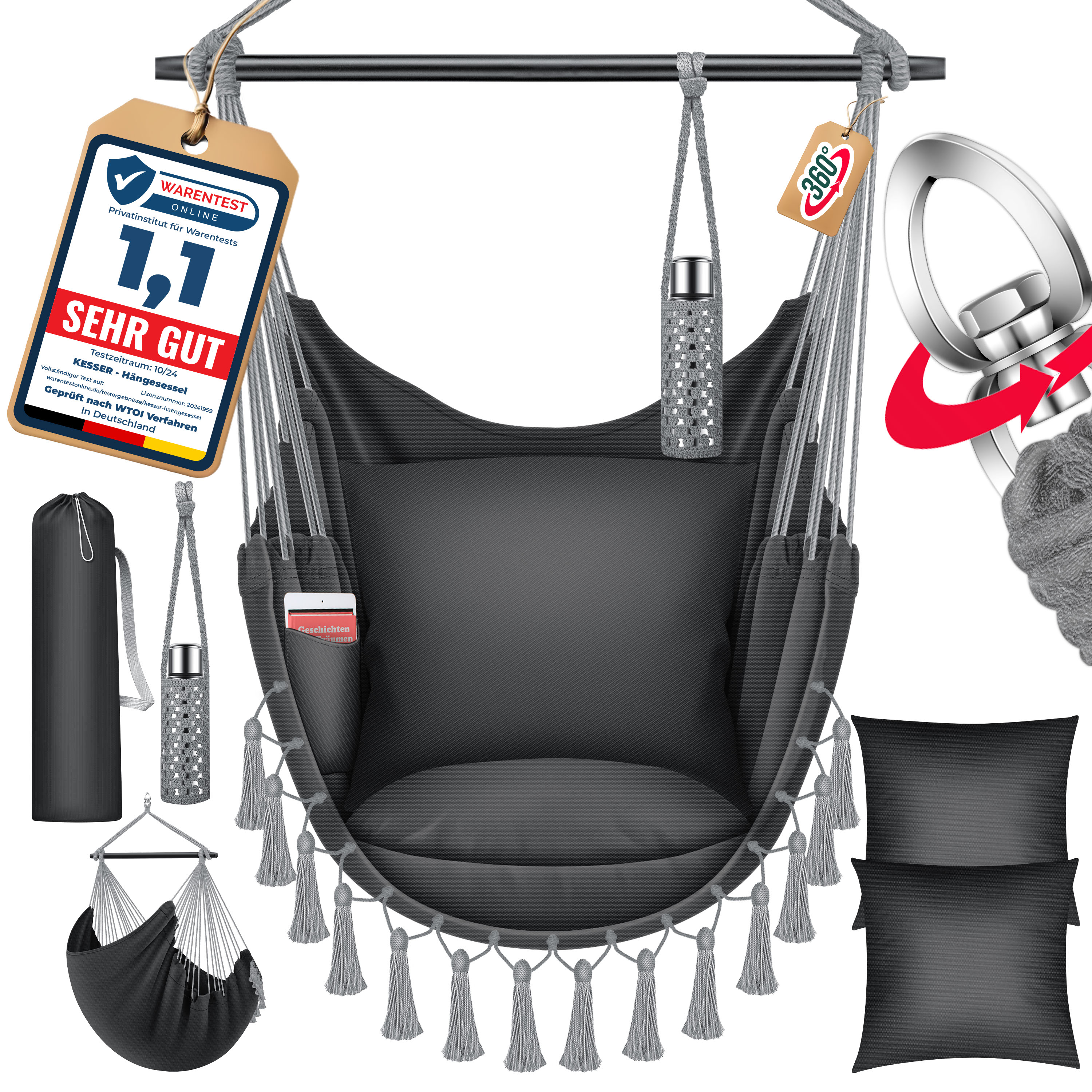 KESSER&reg; H&auml;ngesessel mit 2 Kissen Getr&auml;nkehalter & B&uuml;cherfach - Safari XXL H&auml;ngestuhl f&uuml;r Erwachsene & Kinder H&auml;ngematte bis 150 kg H&auml;ngesitz Aufh&auml;ngung Indoor & Outdoor Wohn & Garten Terrasse - Bild 1