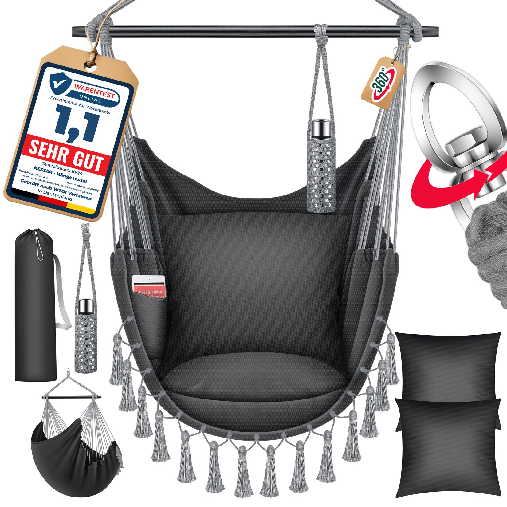 KESSER® Hängesessel mit 2 Kissen Getränkehalter & Bücherfach - Safari XXL Hängestuhl für Erwachsene & Kinder Hängematte bis 150 kg Hängesitz Aufhängung Indoor & Outdoor Wohn & Garten Terrasse