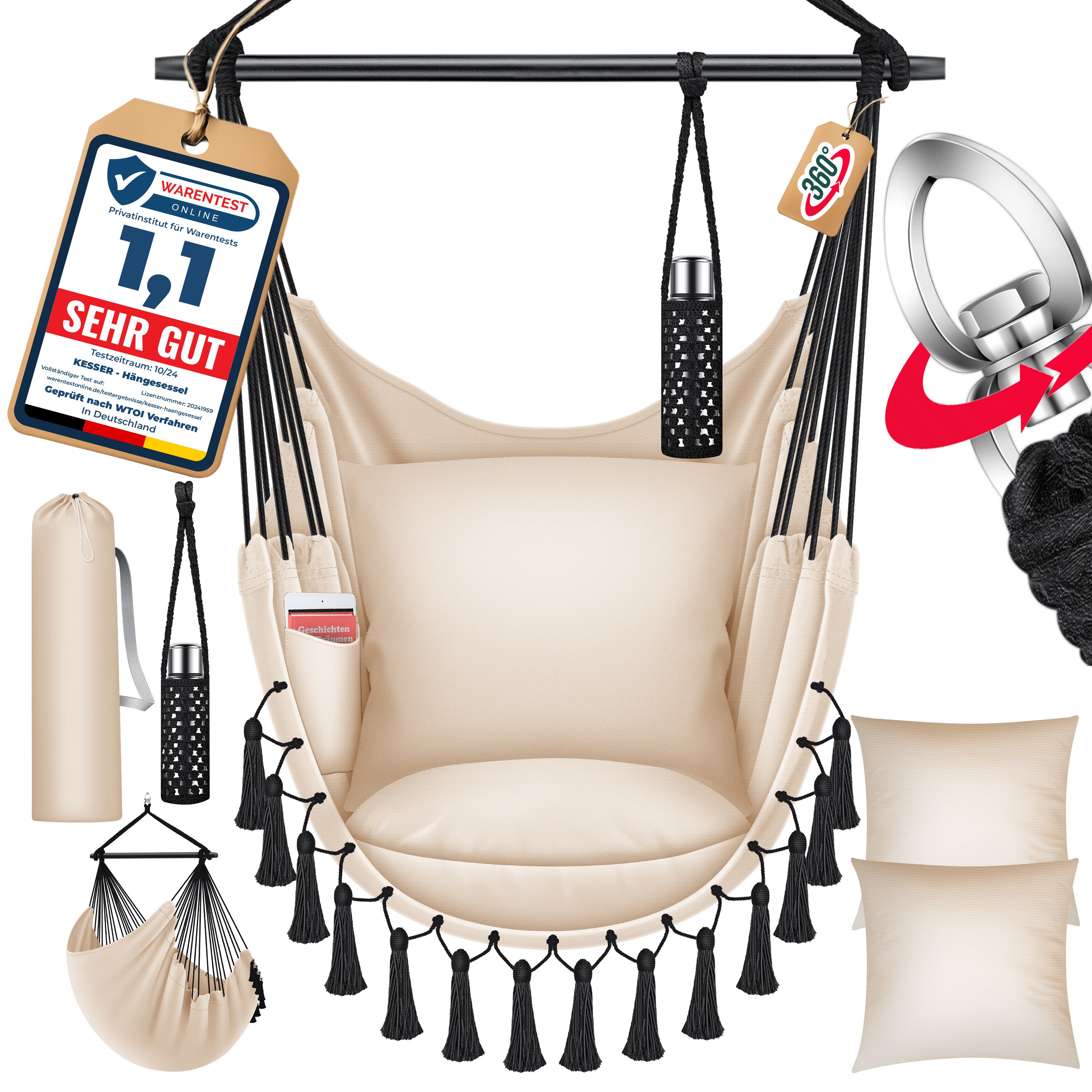 KESSER&reg; H&auml;ngesessel mit 2 Kissen Getr&auml;nkehalter & B&uuml;cherfach - Safari XXL H&auml;ngestuhl f&uuml;r Erwachsene & Kinder H&auml;ngematte bis 150 kg H&auml;ngesitz Aufh&auml;ngung Indoor & Outdoor Wohn & Garten Terrasse - Bild 1