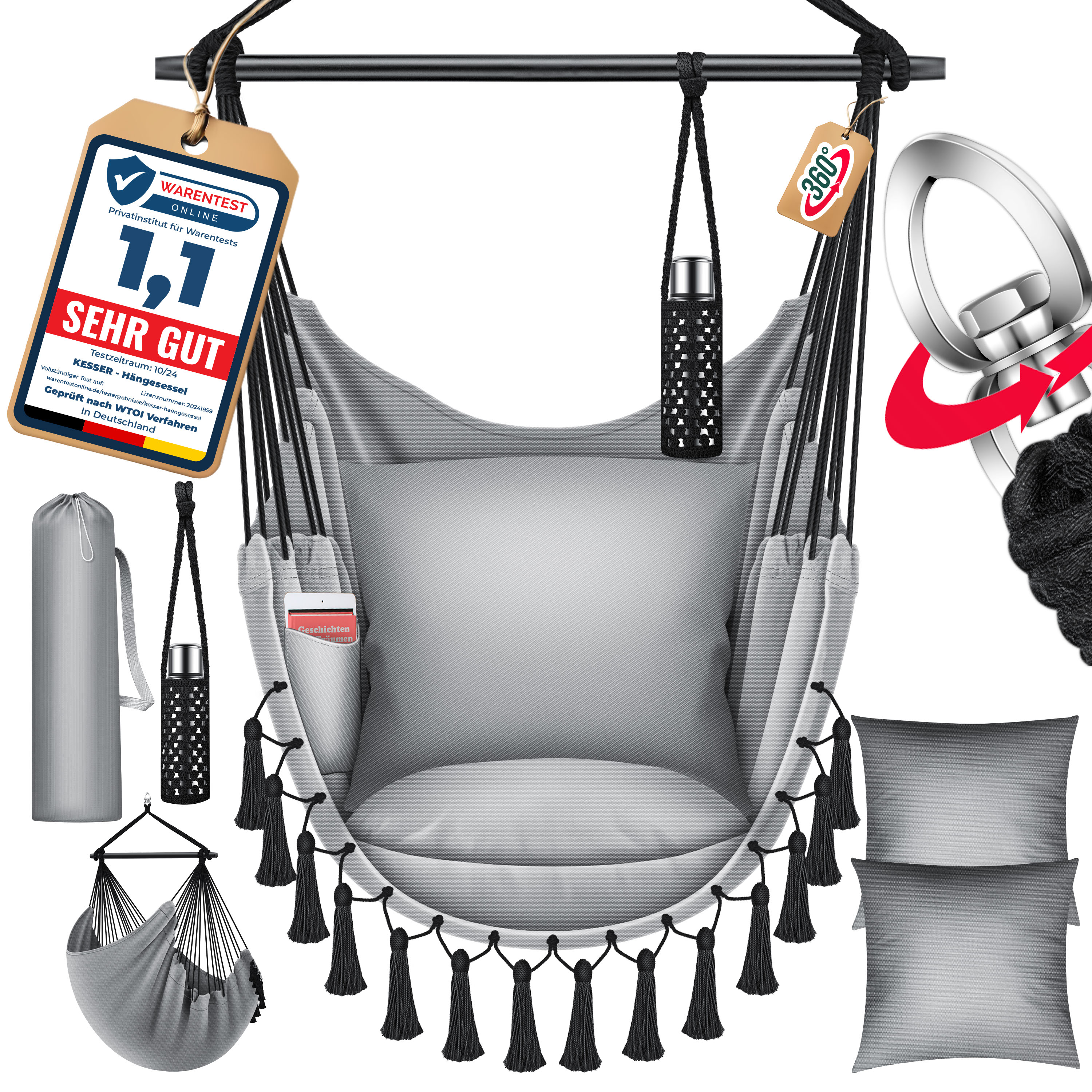 KESSER&reg; H&auml;ngesessel mit 2 Kissen Getr&auml;nkehalter & B&uuml;cherfach - Safari XXL H&auml;ngestuhl f&uuml;r Erwachsene & Kinder H&auml;ngematte bis 150 kg H&auml;ngesitz Aufh&auml;ngung Indoor & Outdoor Wohn & Garten Terrasse - Bild 1