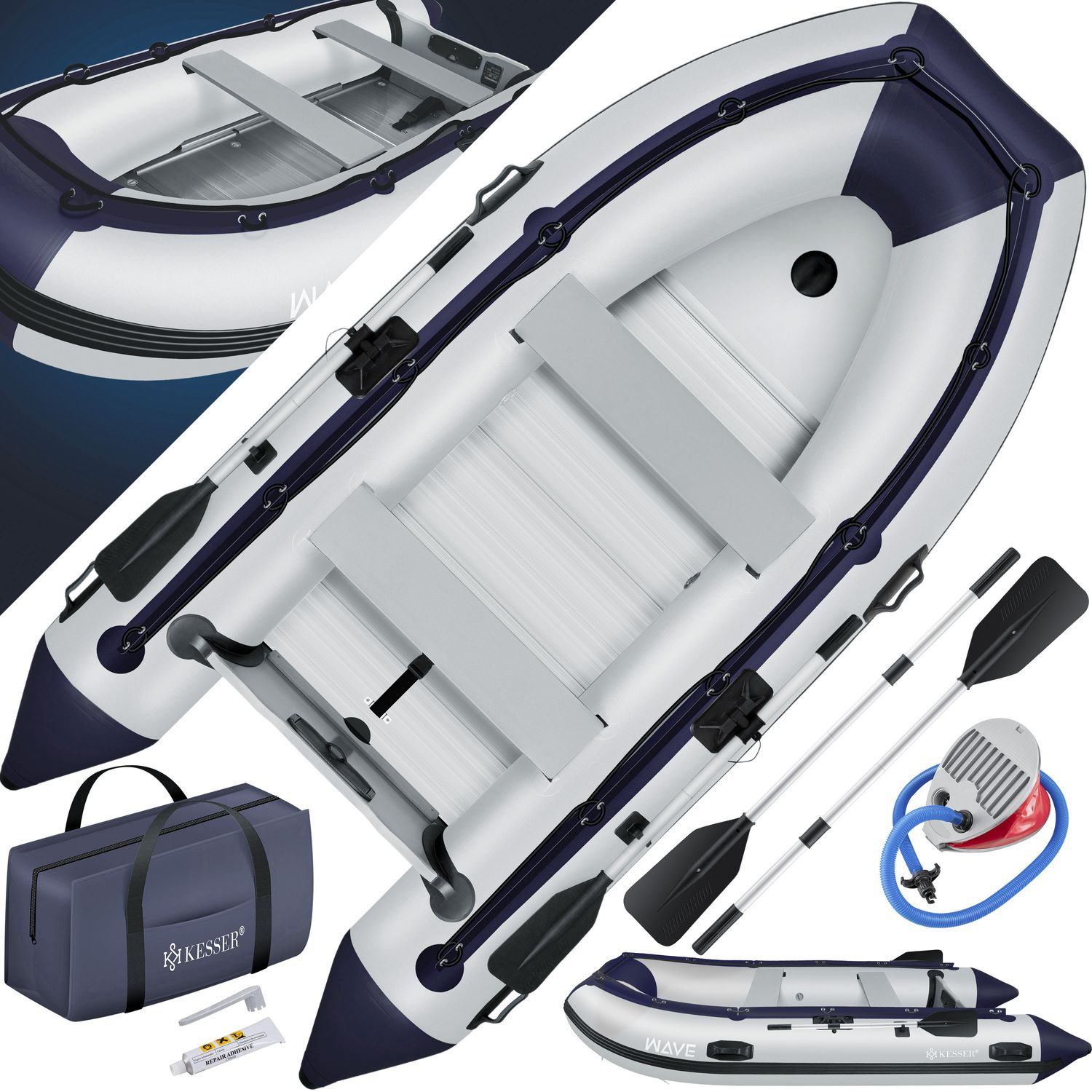 KESSER&reg; Schlauchboot 3,20 m f&uuml;r 4 Personen - WAVE Motor geeignet Freizeitboot Paddelboot Motorboot Angelboot - mit 2 Sitzb&auml;nken -  Alu-Boden Paddel  Pumpe Reparaturset & Tasche  aufblasbar PVC - Bild 1