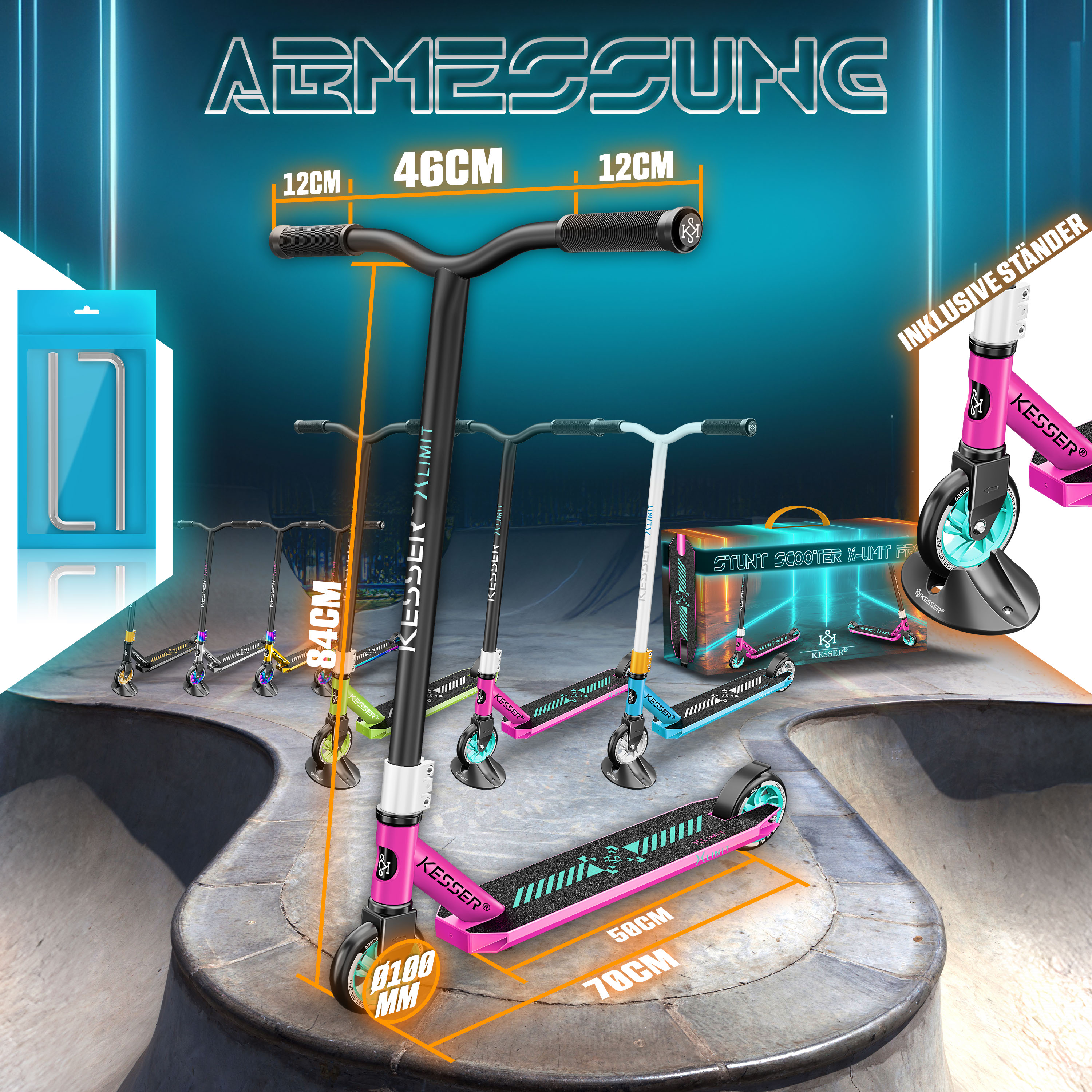 KESSER&reg; Stunt Scooter X-Limit-Pro 360&deg; Lenkung Funscooter Stuntscooter mit St&auml;nder ABEC 9 Kugellagern, 110 mm PU R&auml;der , Kickscooter Tretroller Cityroller Trick Roller f&uuml;r Kinder Erwachsene - Bild 1