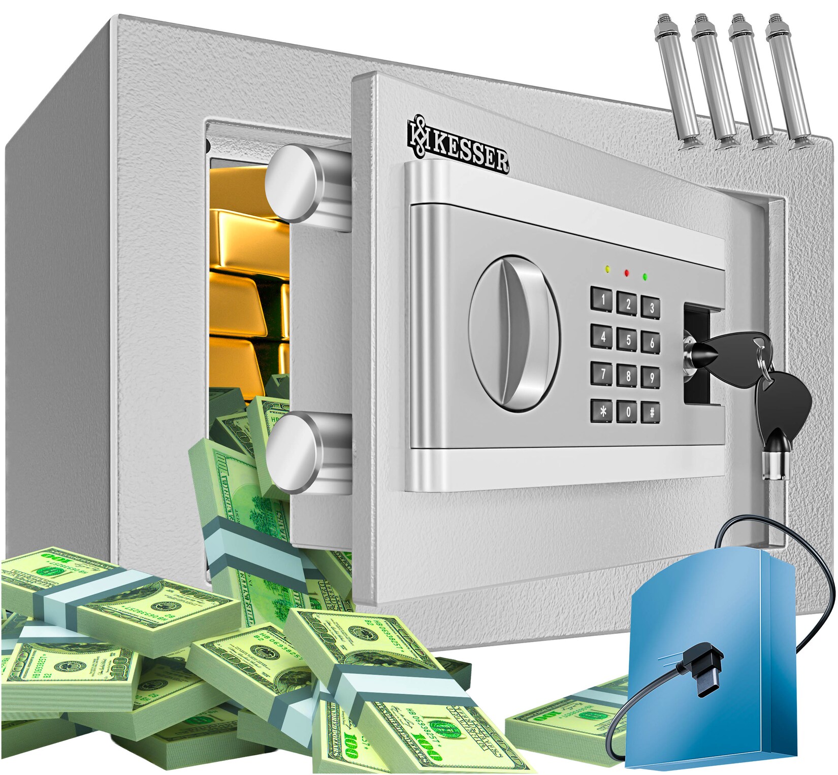 KESSER® Elektr. Tresor Inkl. Batteriebox Elektronischer Safe 3x Doppelbolzenverriegelung Boden Wandtresor Möbeltresor Innenbeleuchtung Panzerschrank Zahlenschloss