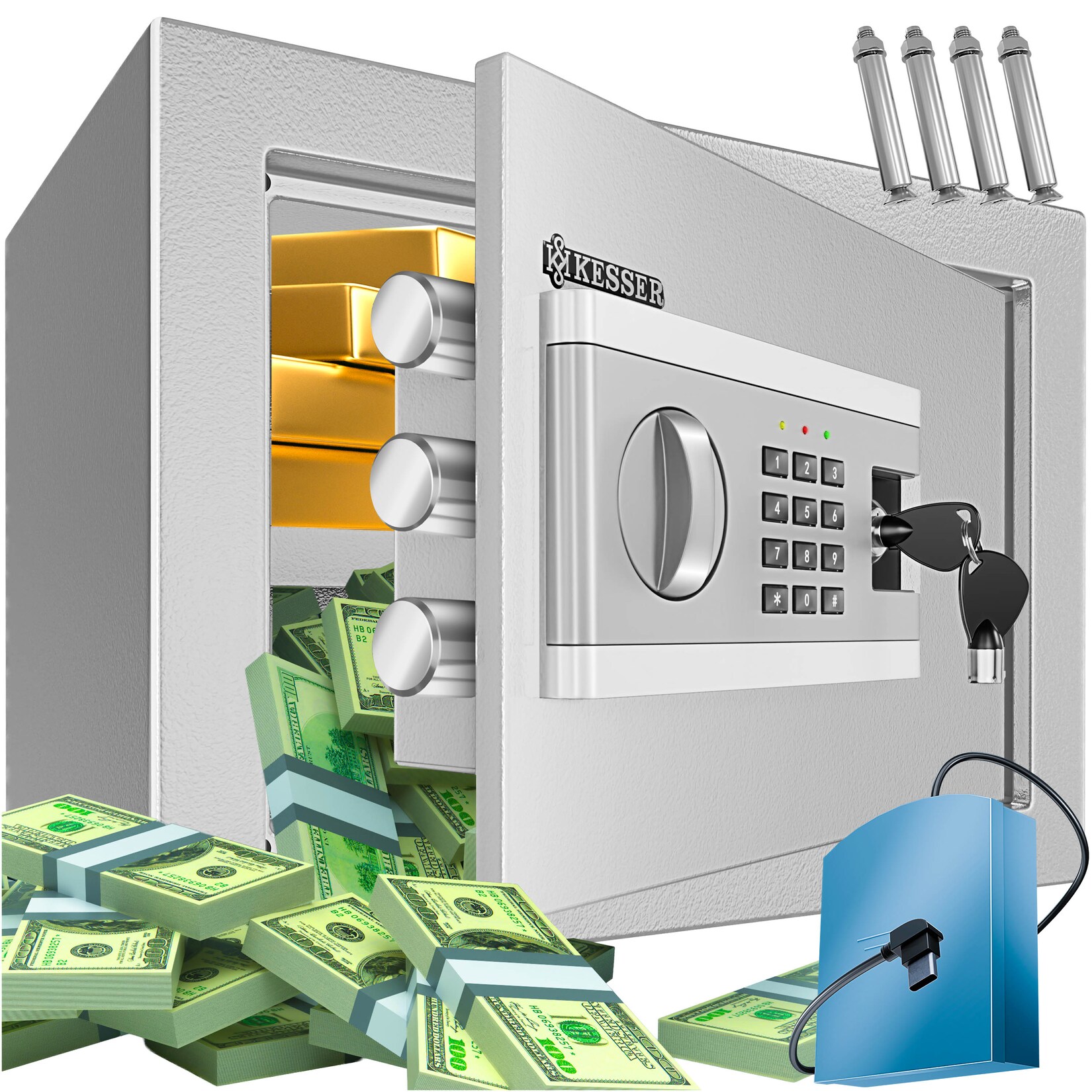 KESSER® Elektr. Tresor Inkl. Batteriebox Elektronischer Safe 3x Doppelbolzenverriegelung Boden Wandtresor Möbeltresor Innenbeleuchtung Panzerschrank Zahlenschloss