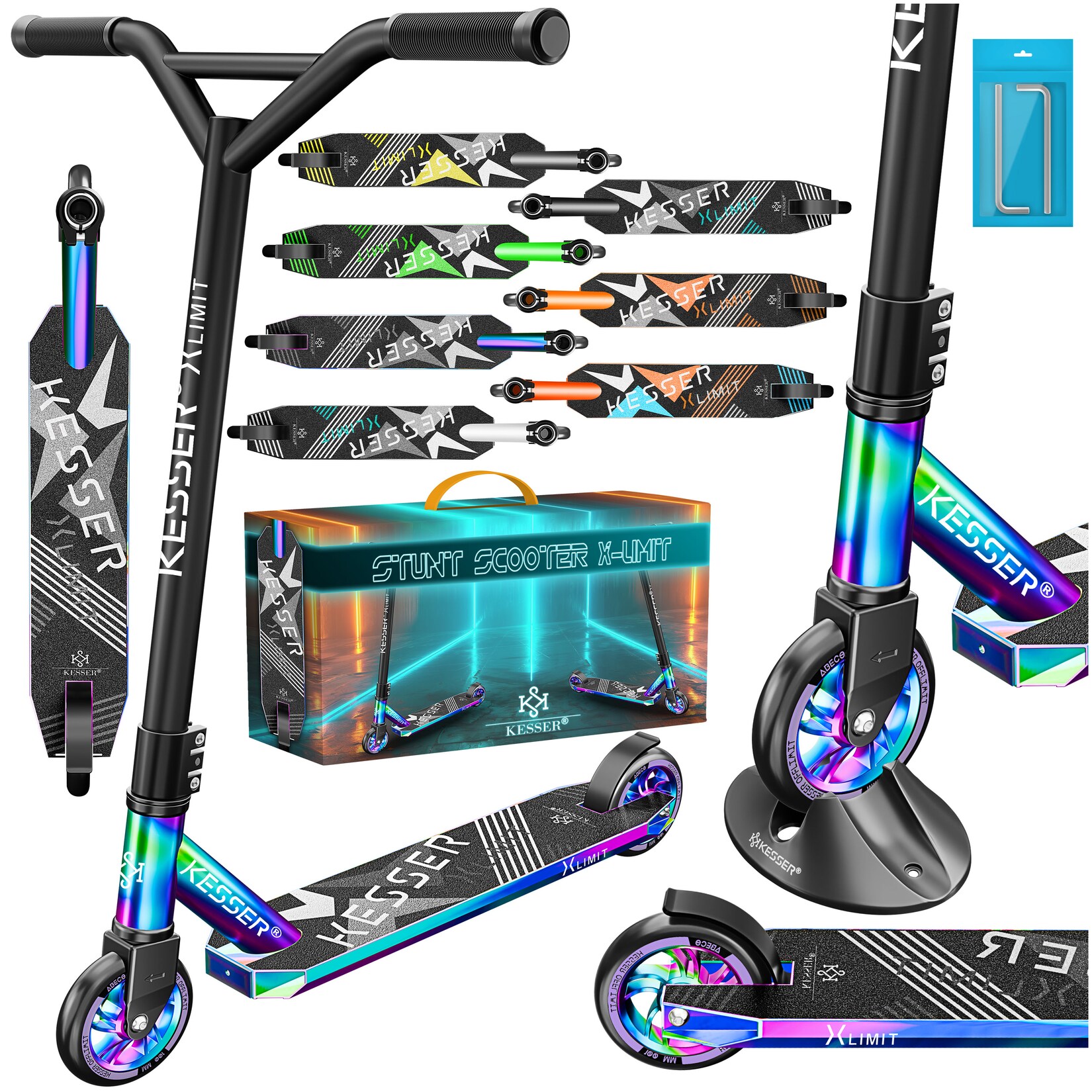 KESSER® Scooter Funscooter Stuntscooter X-Limit - 360° Lenkung mit ABEC 9 Kugellagern 100 mm PU Räder Robuster Kickscooter Tretroller Cityroller Trick Roller für Kinder Erwachsene