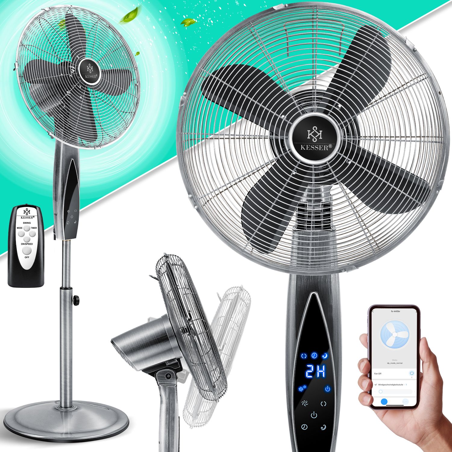 KESSER&reg; Standventilator Metall mit Fernbedienung APP Funktion Wifi Timer Standl&uuml;fter - Oszillationsfunktion 80 Grad 55W &ndash; 3 Geschwindigkeitsstufen h&ouml;henverstellbarer Ventilator Standfu&szlig; - Bild 1
