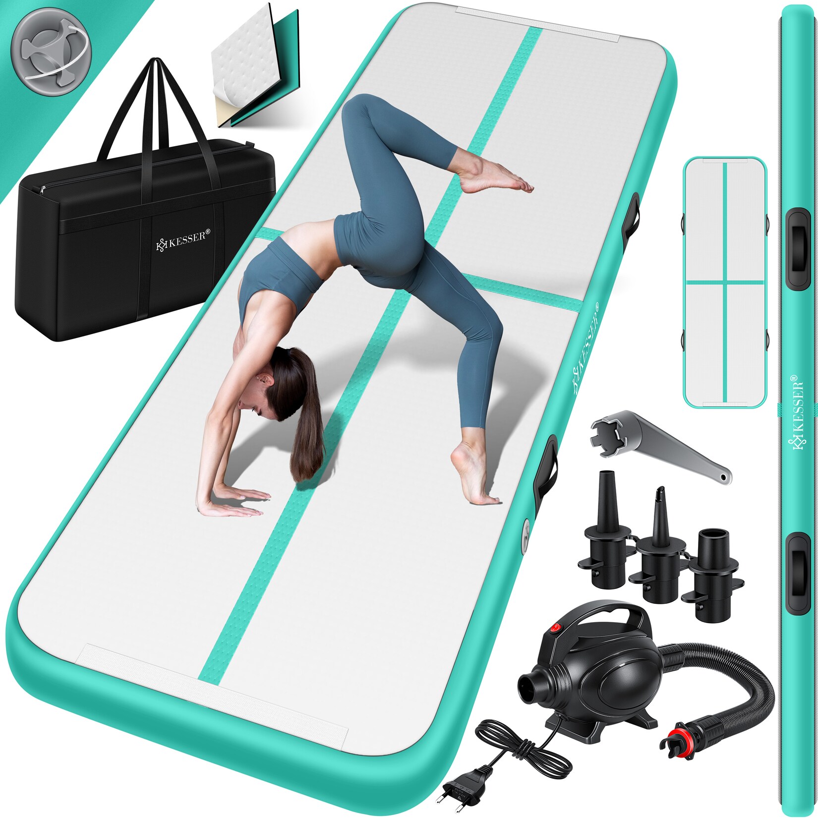 KESSER® Turnmatte Aufblasbar Airtrack 2m/3m/4m/5m/6m Fitness-Matte Gymnastikmatte inkl. Tragetasche & elektr. Luftpumpe Yogamatte, Tumbling Matten, Trainingsmatte, Turn- & Fitness