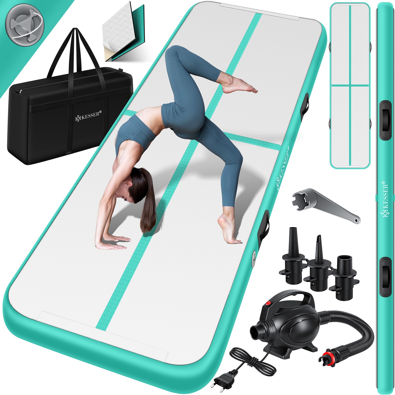 KESSER® Turnmatte Aufblasbar Airtrack 2m/3m/4m/5m/6m Fitness-Matte Gymnastikmatte inkl. Tragetasche & elektr. Luftpumpe Yogamatte, Tumbling Matten, Trainingsmatte, Turn- & Fitness